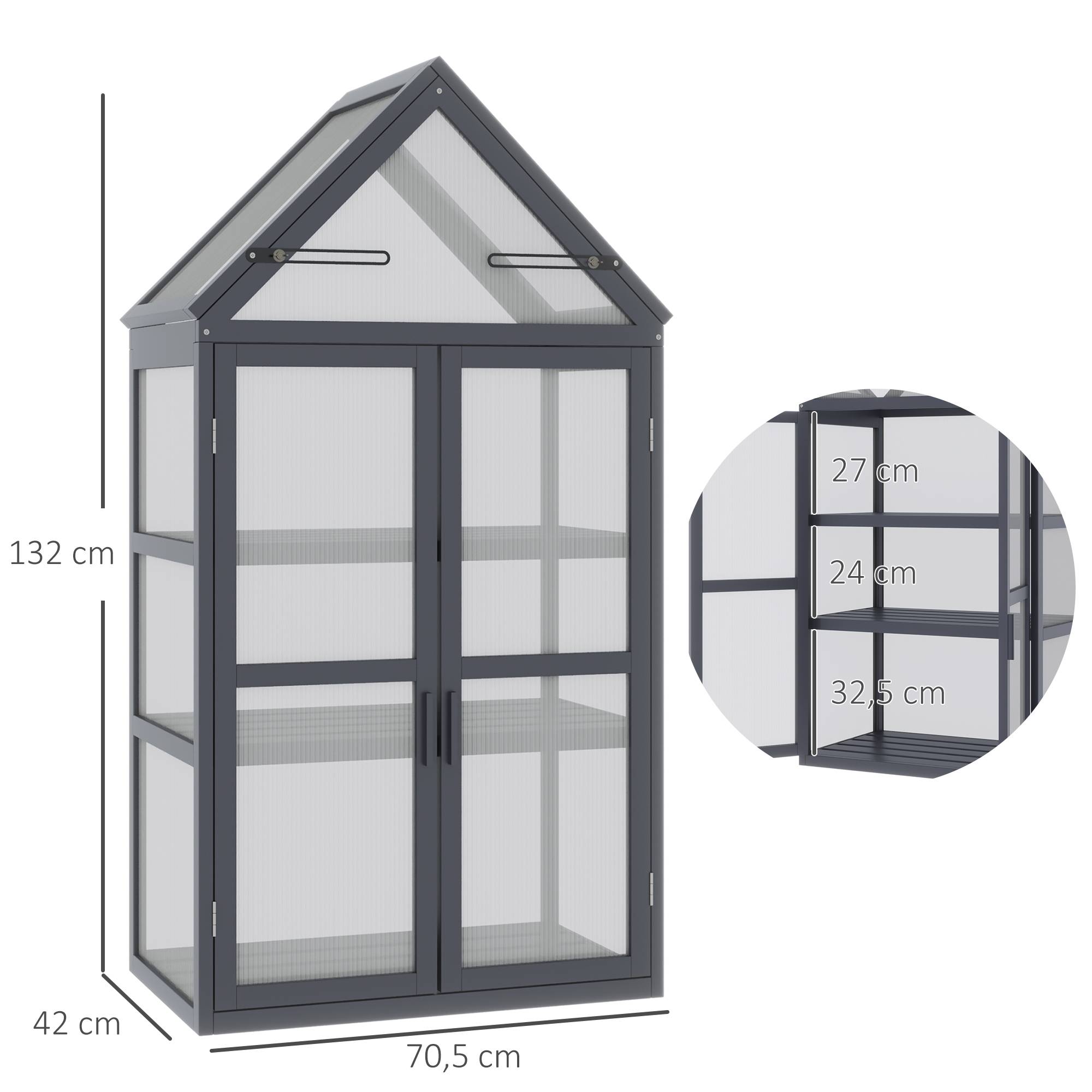Mini Serre Jardin Bois Gris Balcon Terrasse 3 Étagères Polycarbonate 70x42x132cm - ComfortXL Outdoor Living - Image 3
