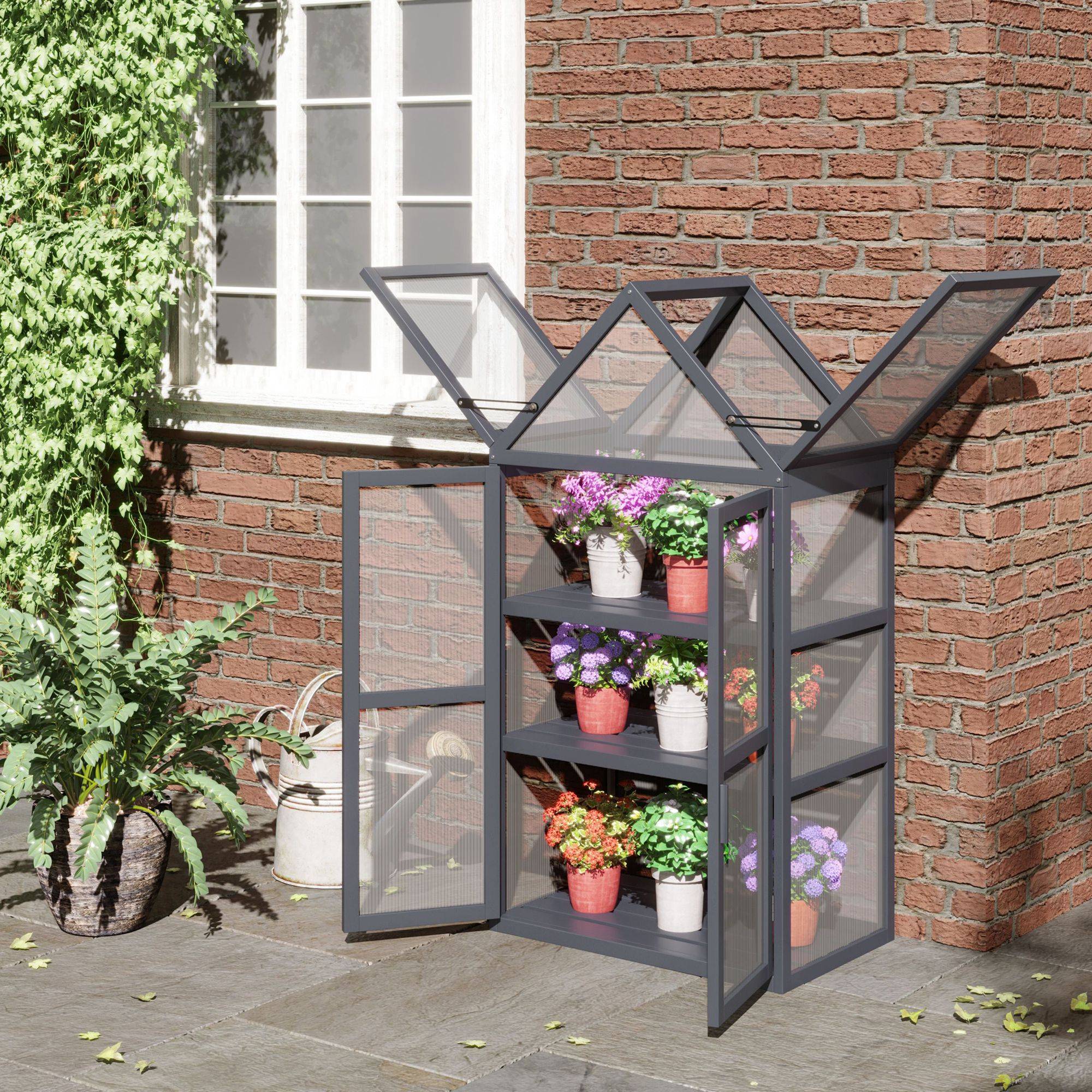 Mini Serre Jardin Bois Gris Balcon Terrasse 3 Étagères Polycarbonate 70x42x132cm - ComfortXL Outdoor Living - Image 1