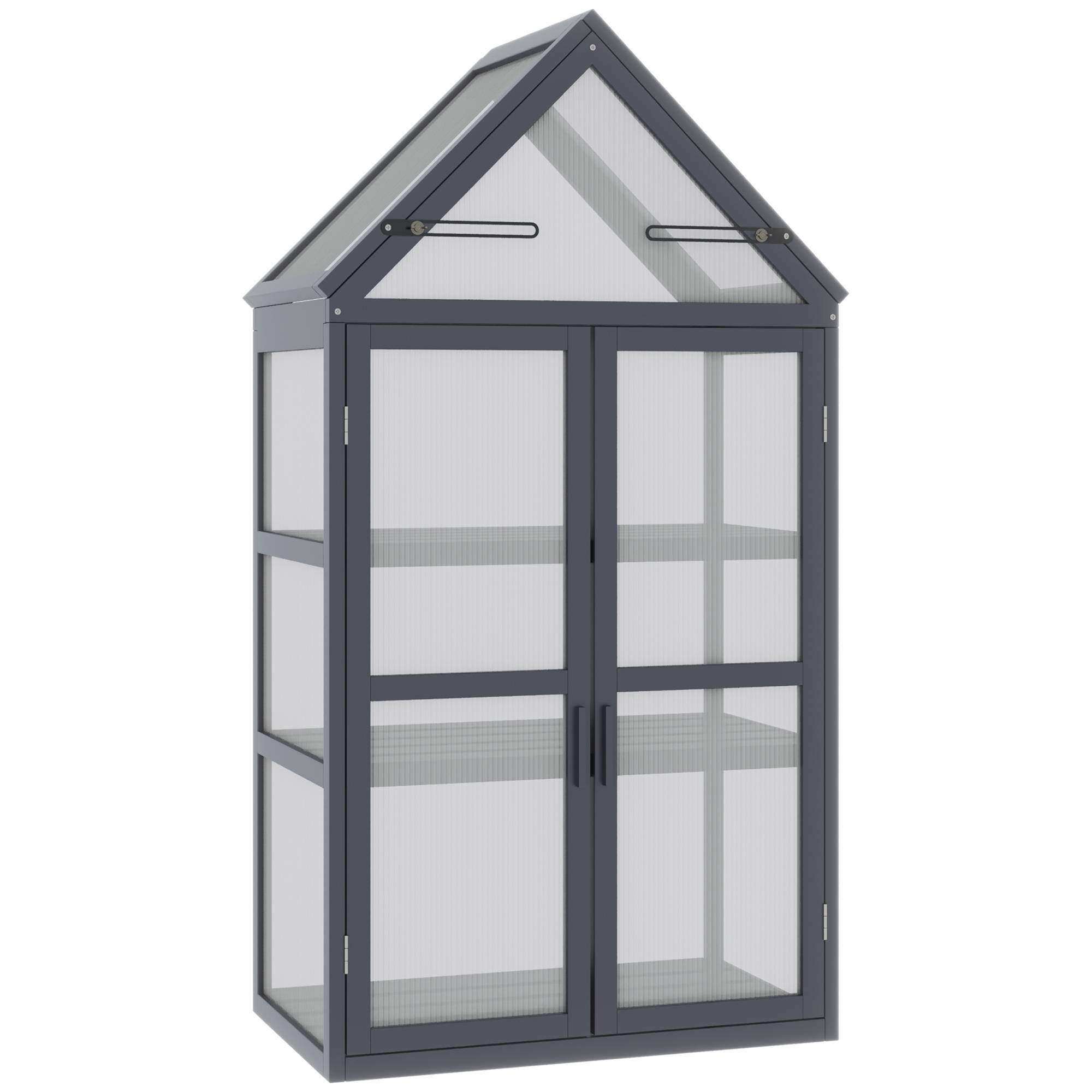 Mini Serre Jardin Bois Gris Balcon Terrasse 3 Étagères Polycarbonate 70x42x132cm - ComfortXL Outdoor Living - Image 2