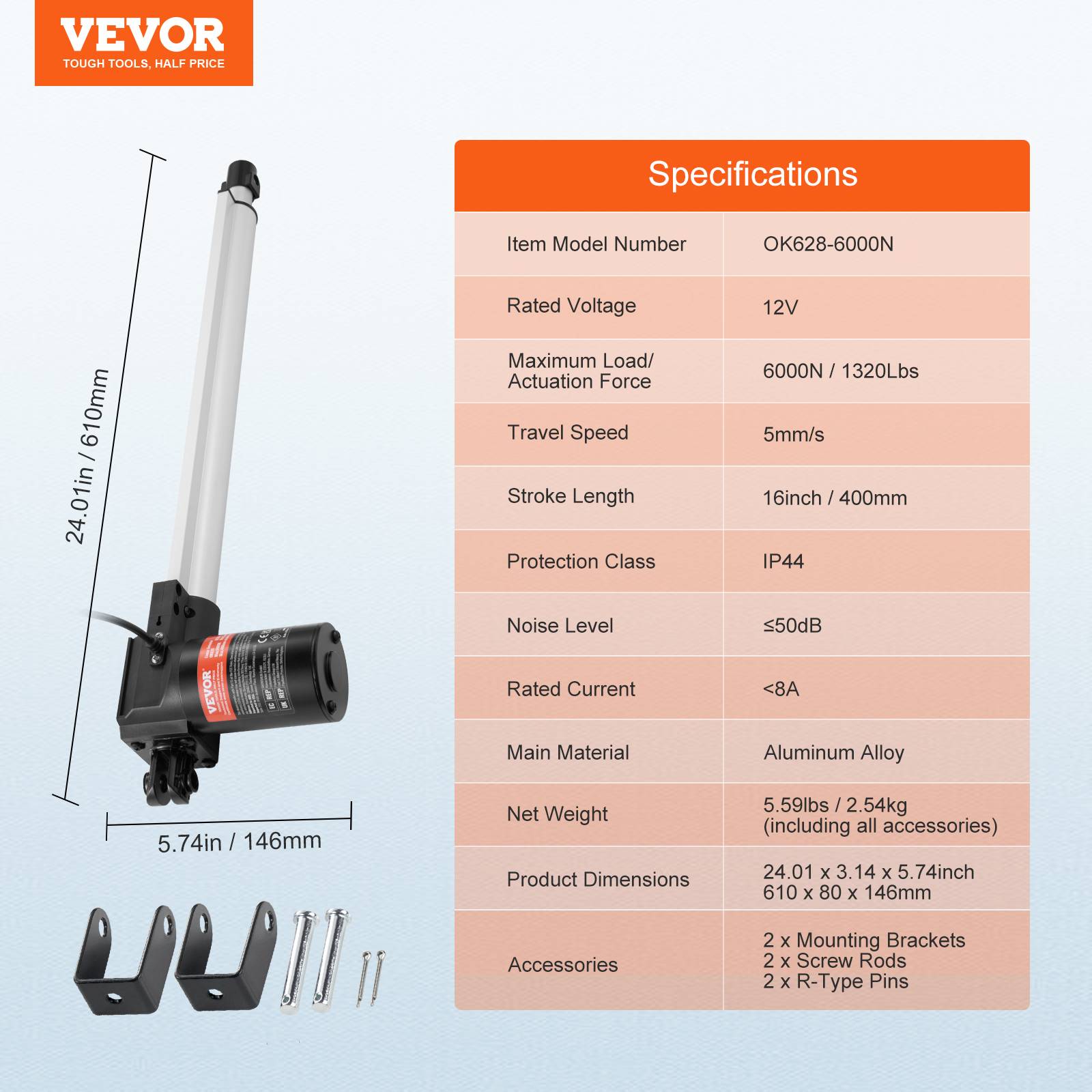 Vevor - VEVOR Actionneur linéaire 12V 400mm 6000N 5mm/s, IP44, pour portes électriques, machines industrielles, navires. - Image 7