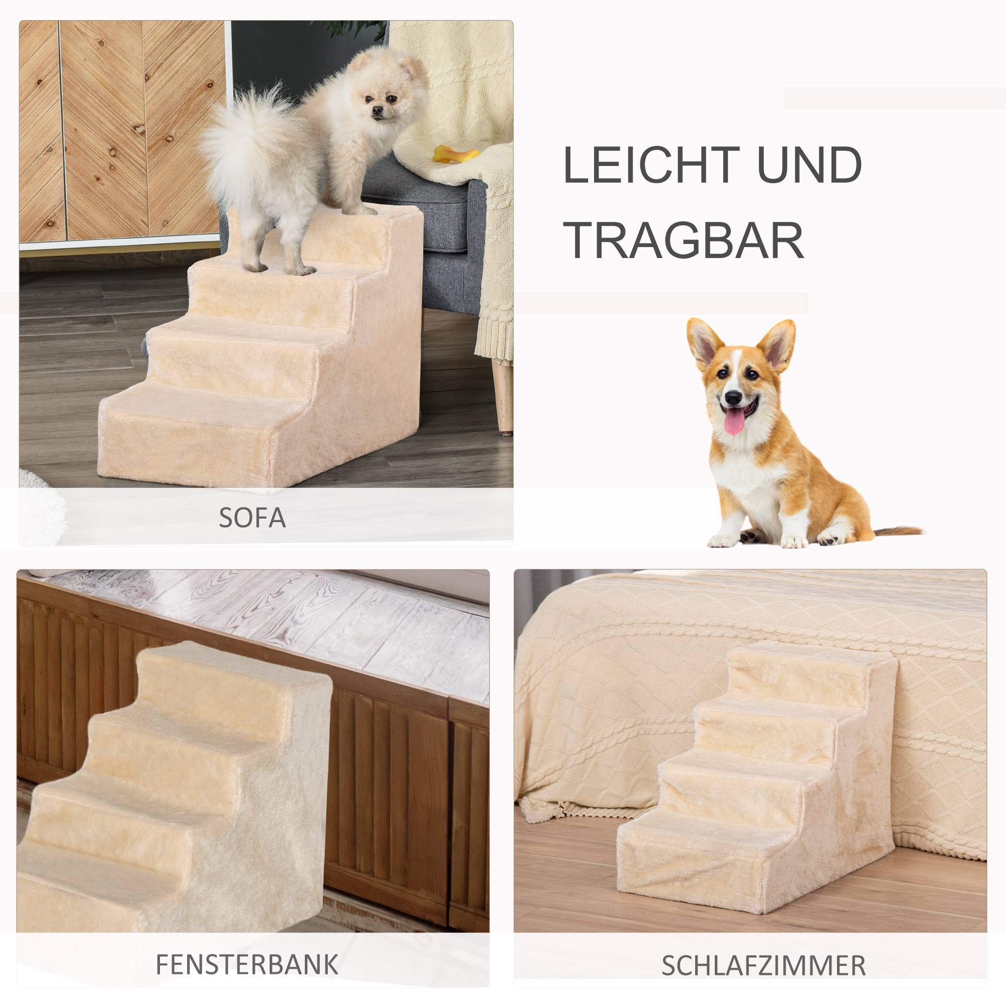 Escalier chien 4 marches, 35 cm, escalier chat lit/canapé, chiens/chats jusqu'à 5 kg, beige - Image 8