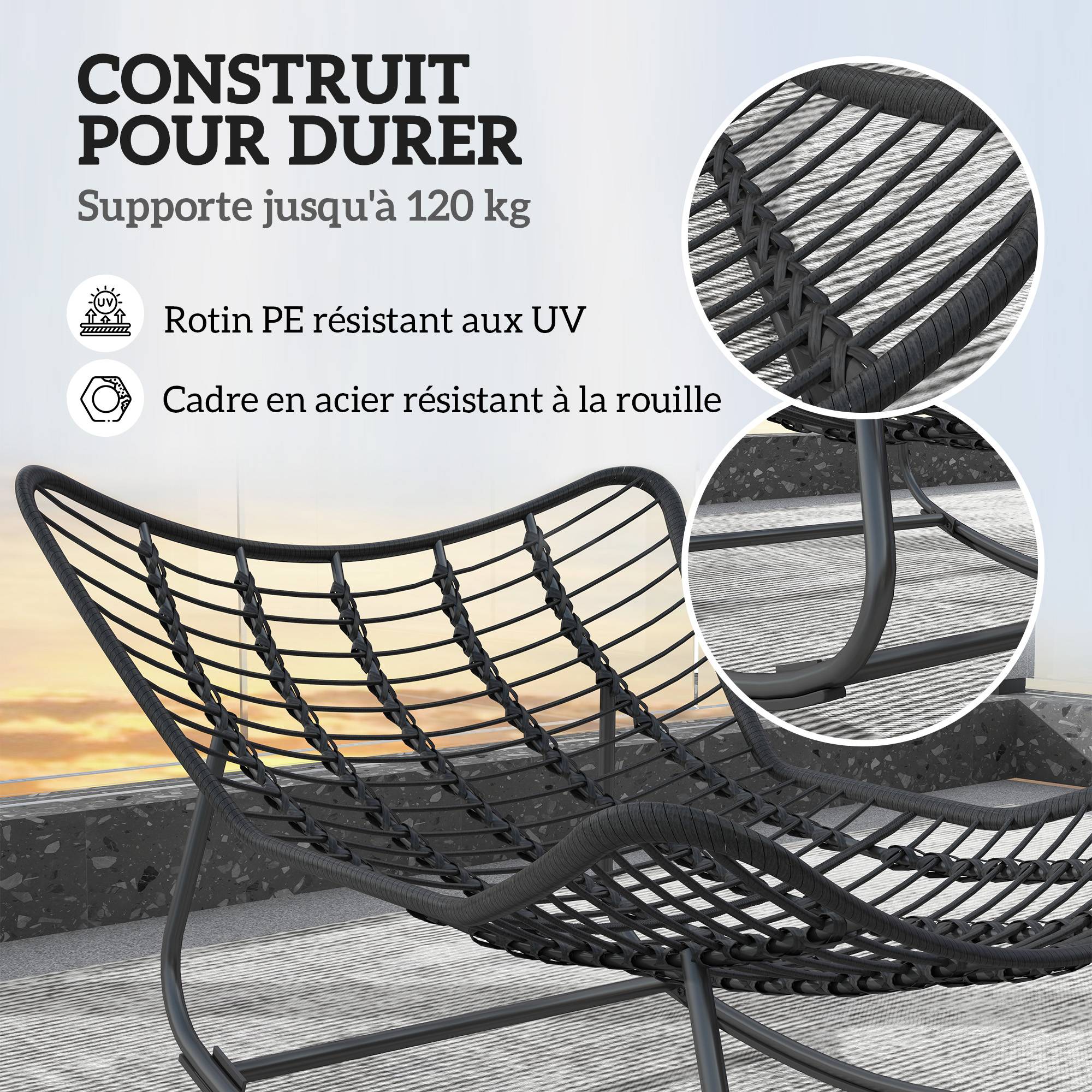 Fauteuil à bascule œuf Rotin PE Intérieur & extérieur Balancement doux 111x98x74cm Gris - ComfortXL Outdoor Living - Image 8