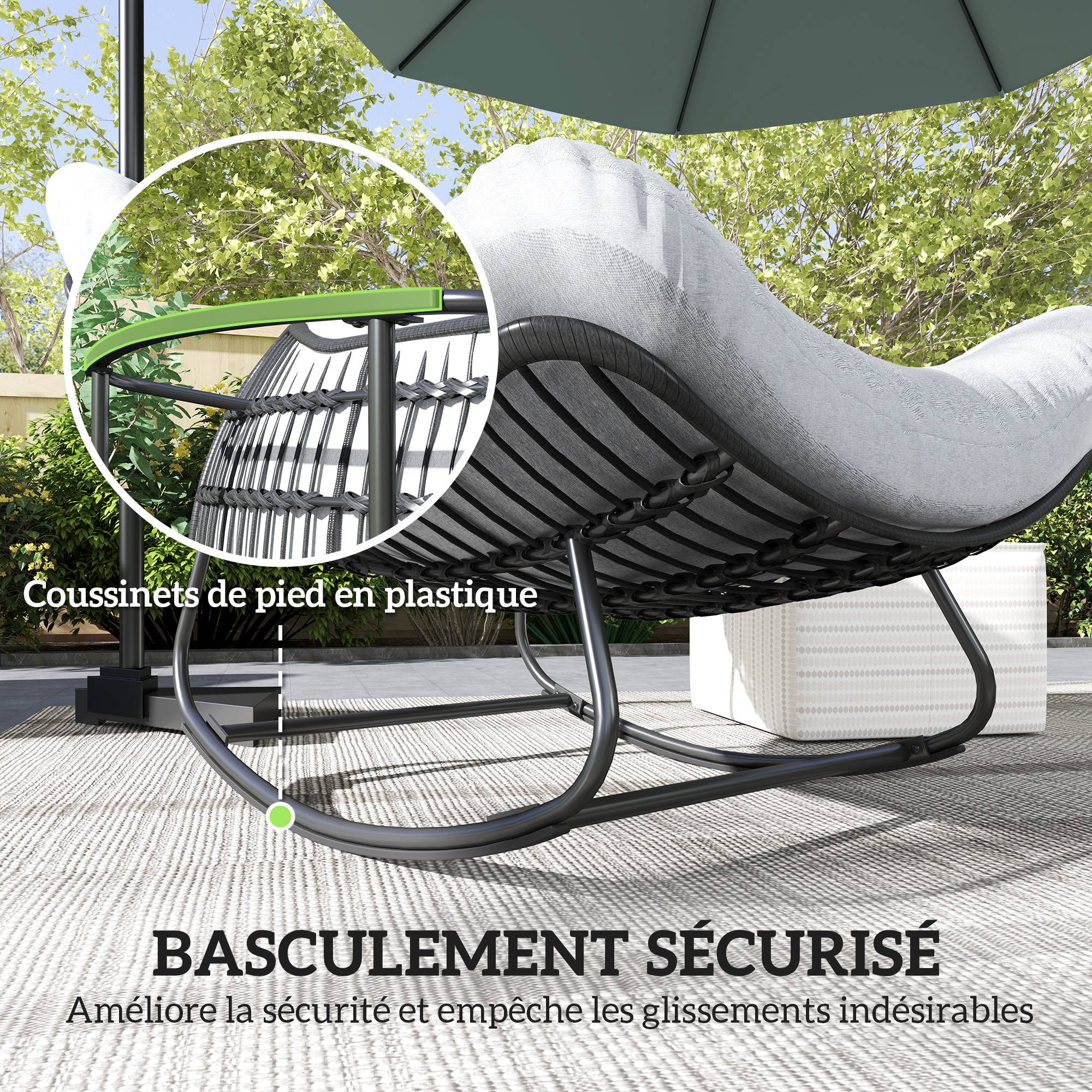 Fauteuil à bascule œuf Rotin PE Intérieur & extérieur Balancement doux 111x98x74cm Gris - ComfortXL Outdoor Living - Image 9
