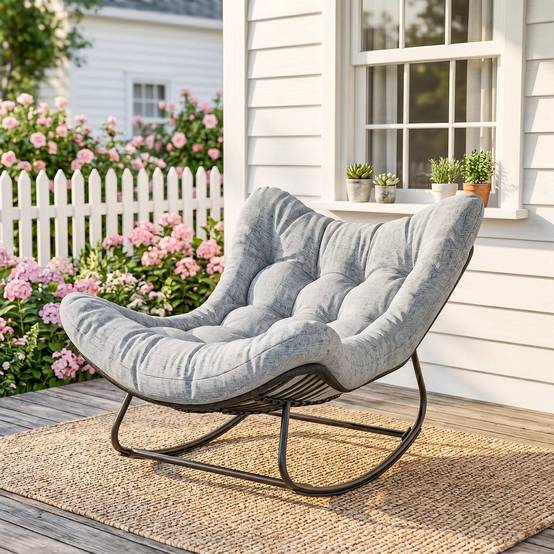 Fauteuil à bascule œuf Rotin PE Intérieur & extérieur Balancement doux 111x98x74cm Gris - ComfortXL Outdoor Living - Image 4