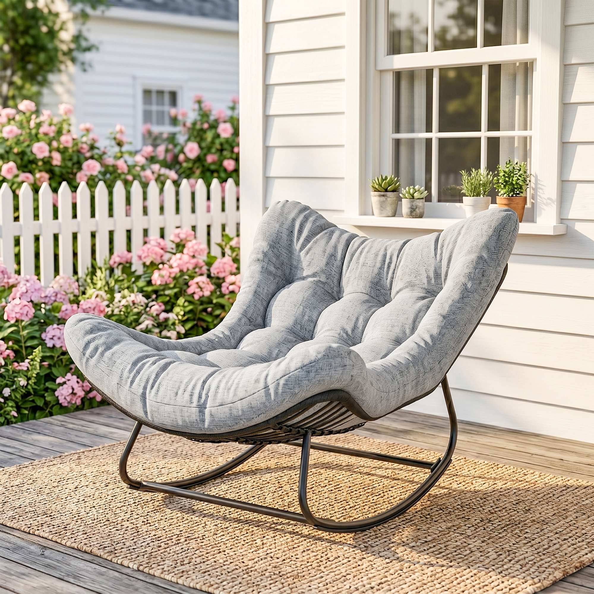 Fauteuil à bascule œuf Rotin PE Intérieur & extérieur Balancement doux 111x98x74cm Gris - ComfortXL Outdoor Living - Image 4