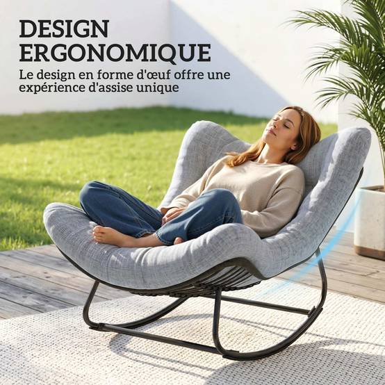 Fauteuil à bascule œuf Rotin PE Intérieur & extérieur Balancement doux 111x98x74cm Gris - ComfortXL Outdoor Living - Image 6