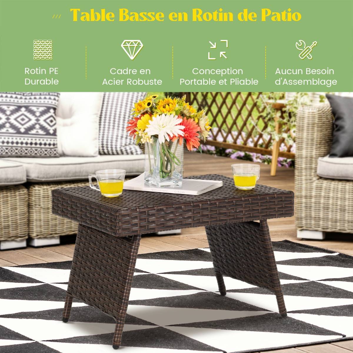 Maison Chic - Table Basse Pliante en Rotin 60 x 40 x 40 CM Table d'Appoint avec Coussinets de Pied Réglables pour Jardin/Salon/Terrasse - Image 4