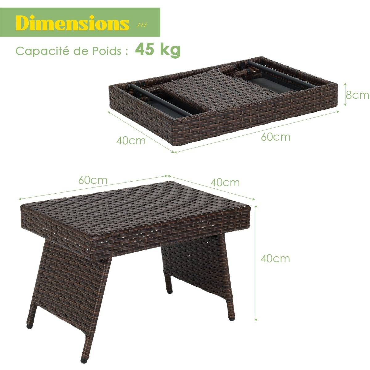 Maison Chic - Table Basse Pliante en Rotin 60 x 40 x 40 CM Table d'Appoint avec Coussinets de Pied Réglables pour Jardin/Salon/Terrasse - Image 9