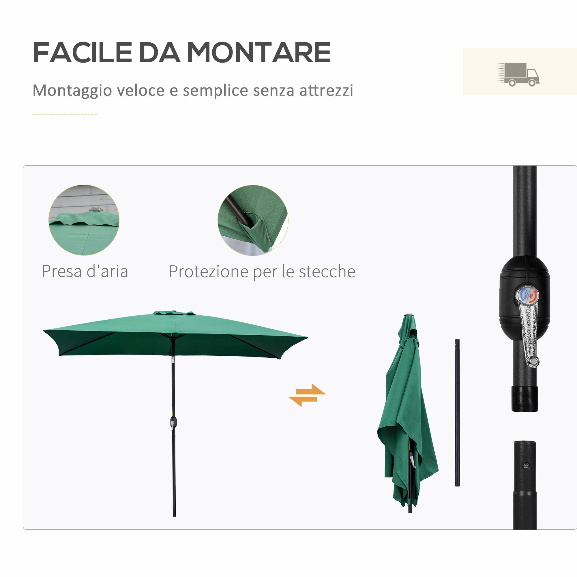 ComfortXL - Parasol Rectangulaire Aluminium Jardin Terrasse Inclinable 295x195 cm Vert - ComfortXL Outdoor Living - Image 8