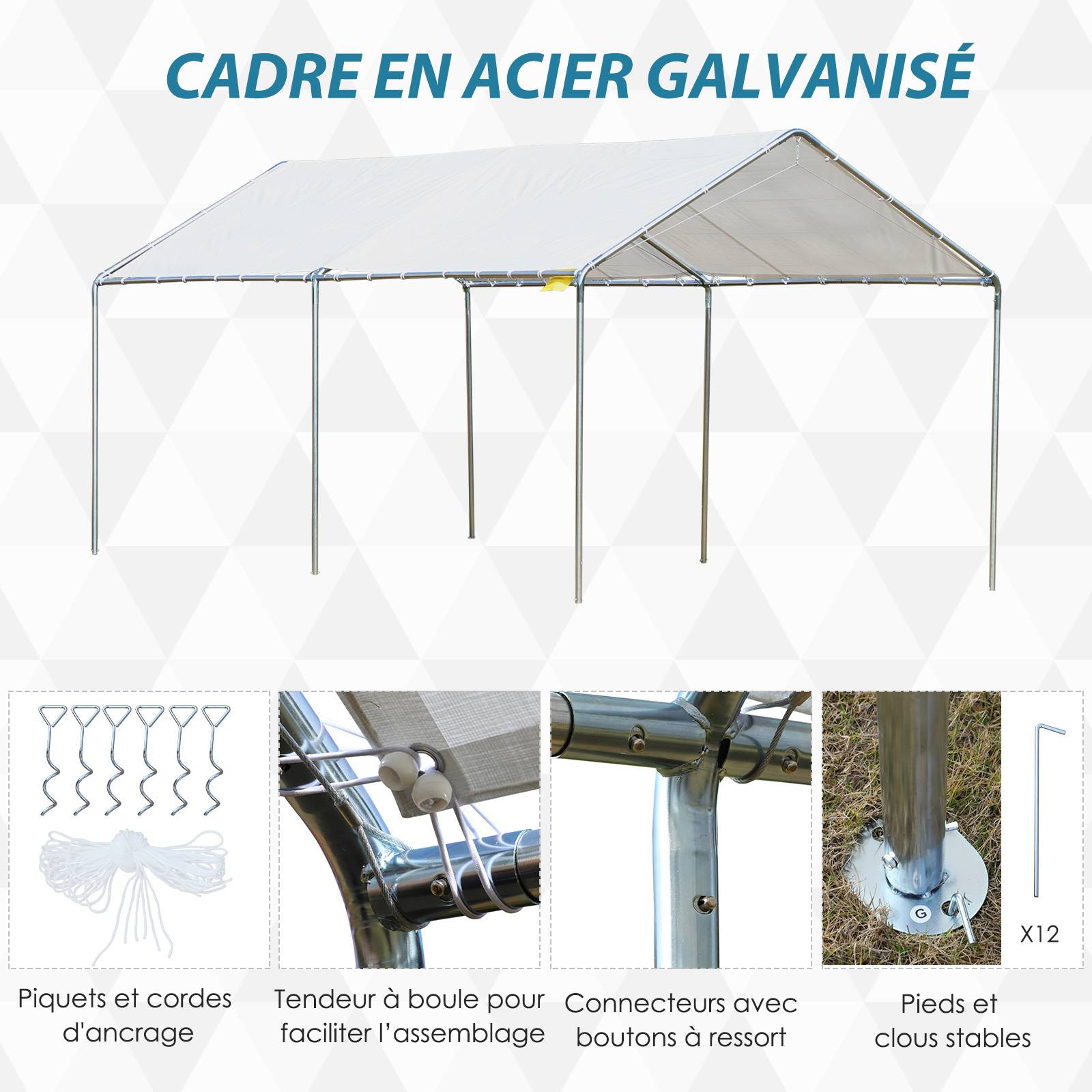Outsunny - Carport auvent pour voiture 5,95L x 2,90l x 2,60H m acier galvanisé robuste PE haute densité blanc - Imagen 5