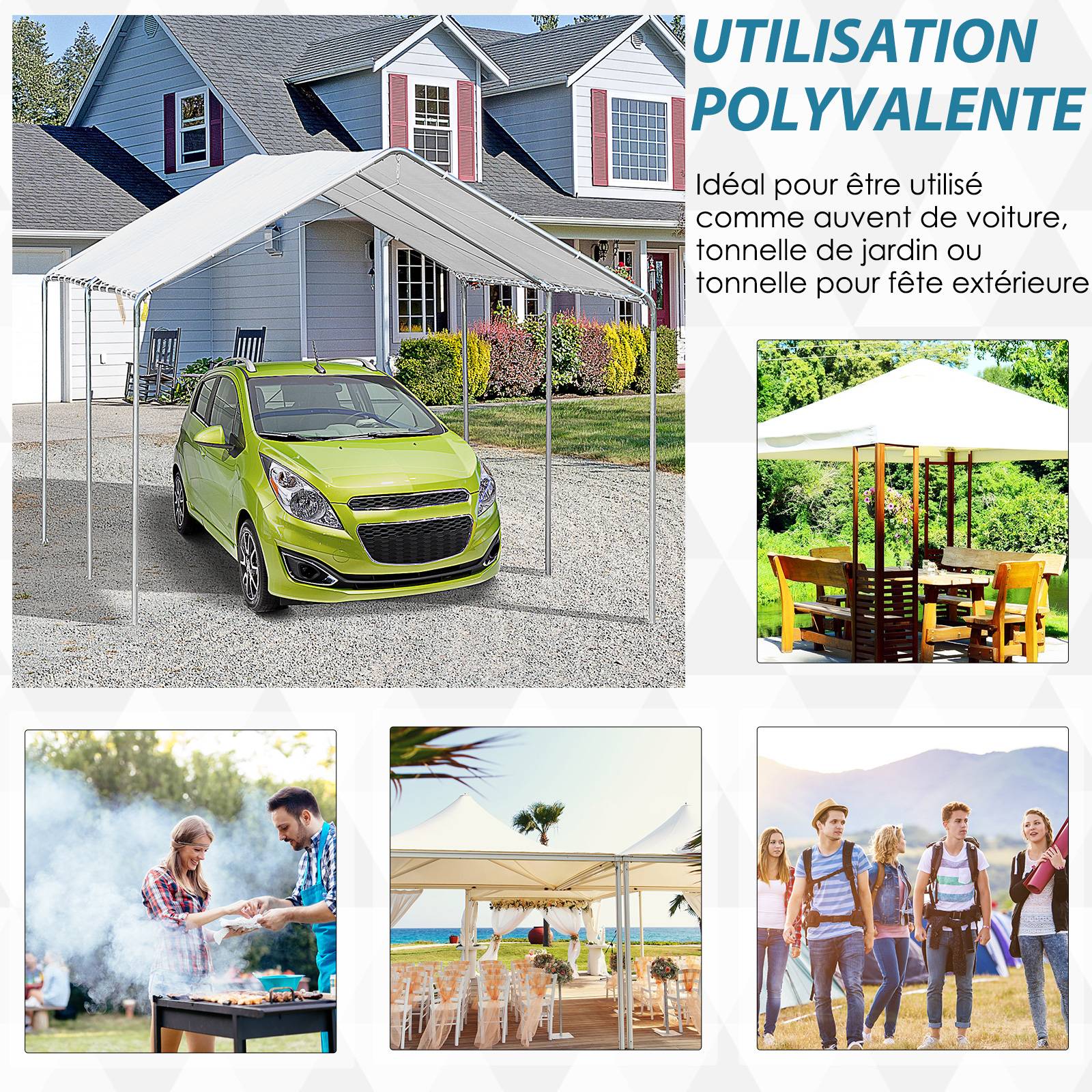 Outsunny - Carport auvent pour voiture 5,95L x 2,90l x 2,60H m acier galvanisé robuste PE haute densité blanc - Imagen 7
