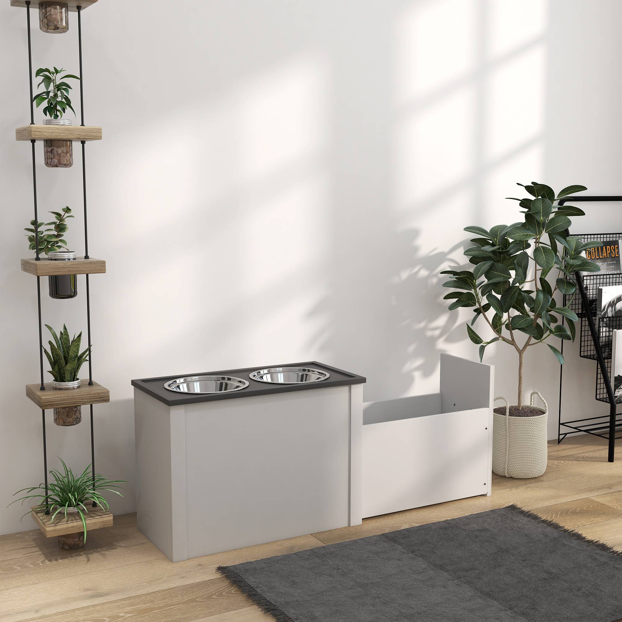 ComfortXL - Gamelle surélevée chien avec rangement MDF acier blanc gris 60 x 30 x 42 cm grands chiens 2 gamelles inox - Image 9