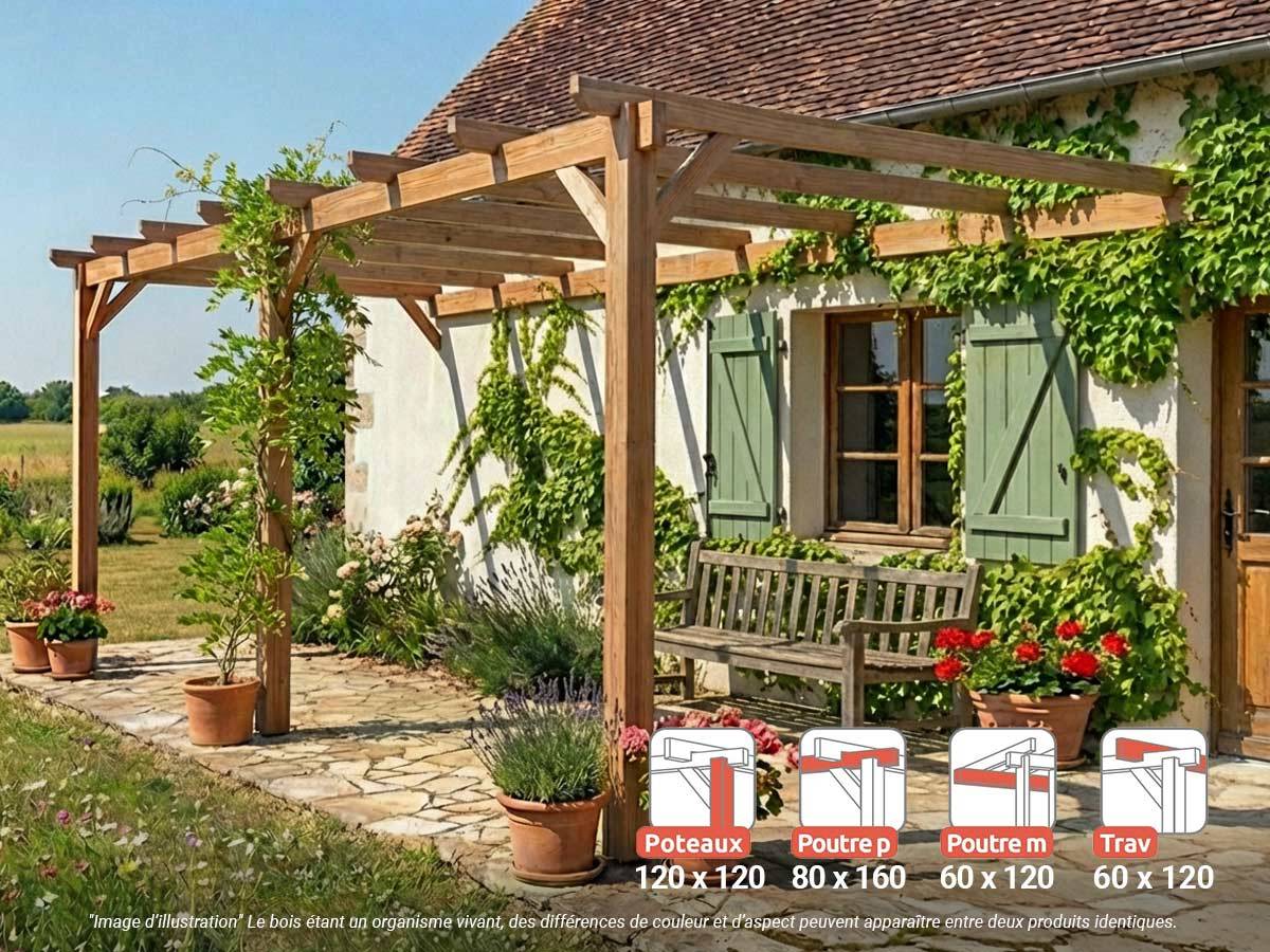 Pergola adossée en lamellé-collé Versailles 600 x 400 cm + 3 supports poteaux - Maderland - Image 2