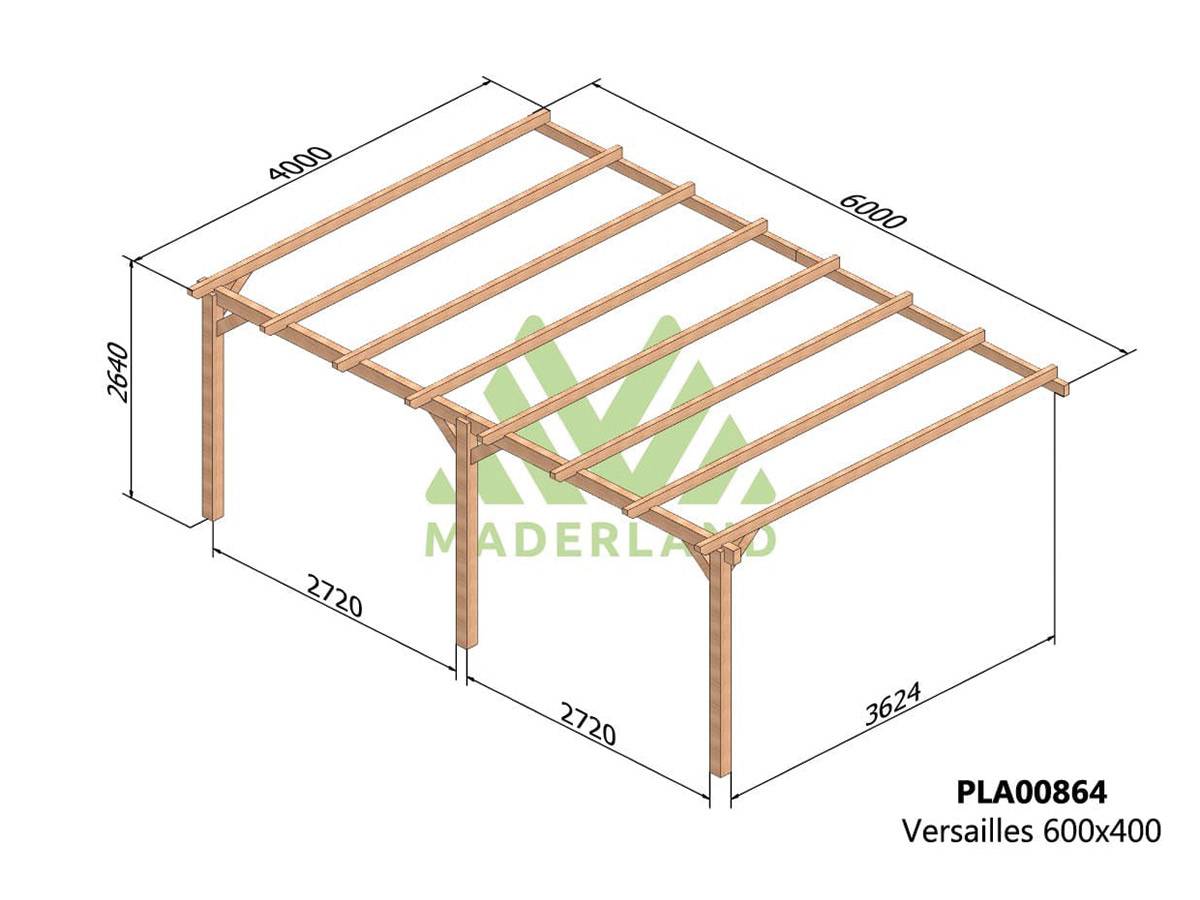 Pergola adossée en lamellé-collé Versailles 600 x 400 cm + 3 supports poteaux - Maderland - Image 3
