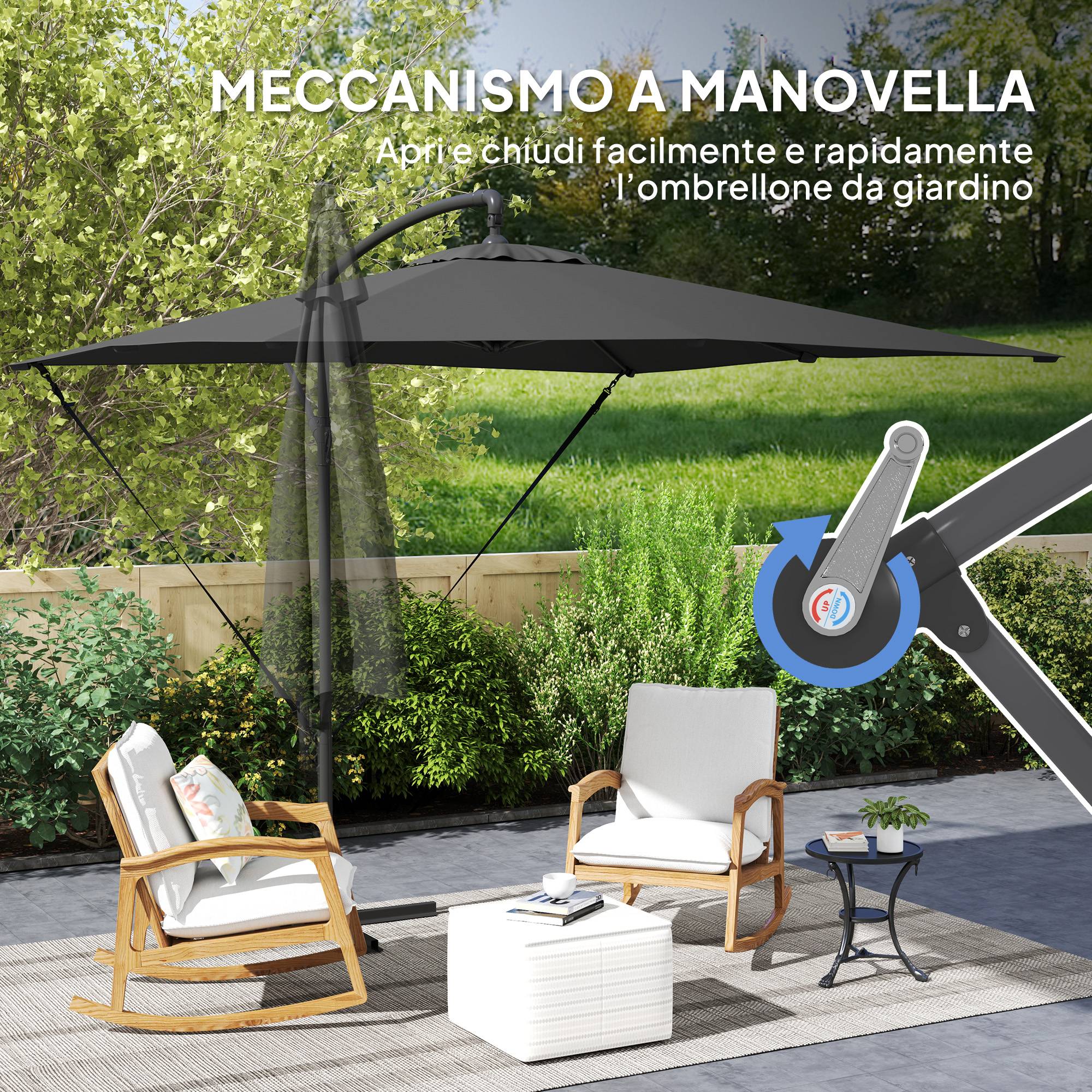 Parasol déporté réglable avec base en croix et manivelle, en acier et polyester, 247x247x256, gris foncé - Image 9