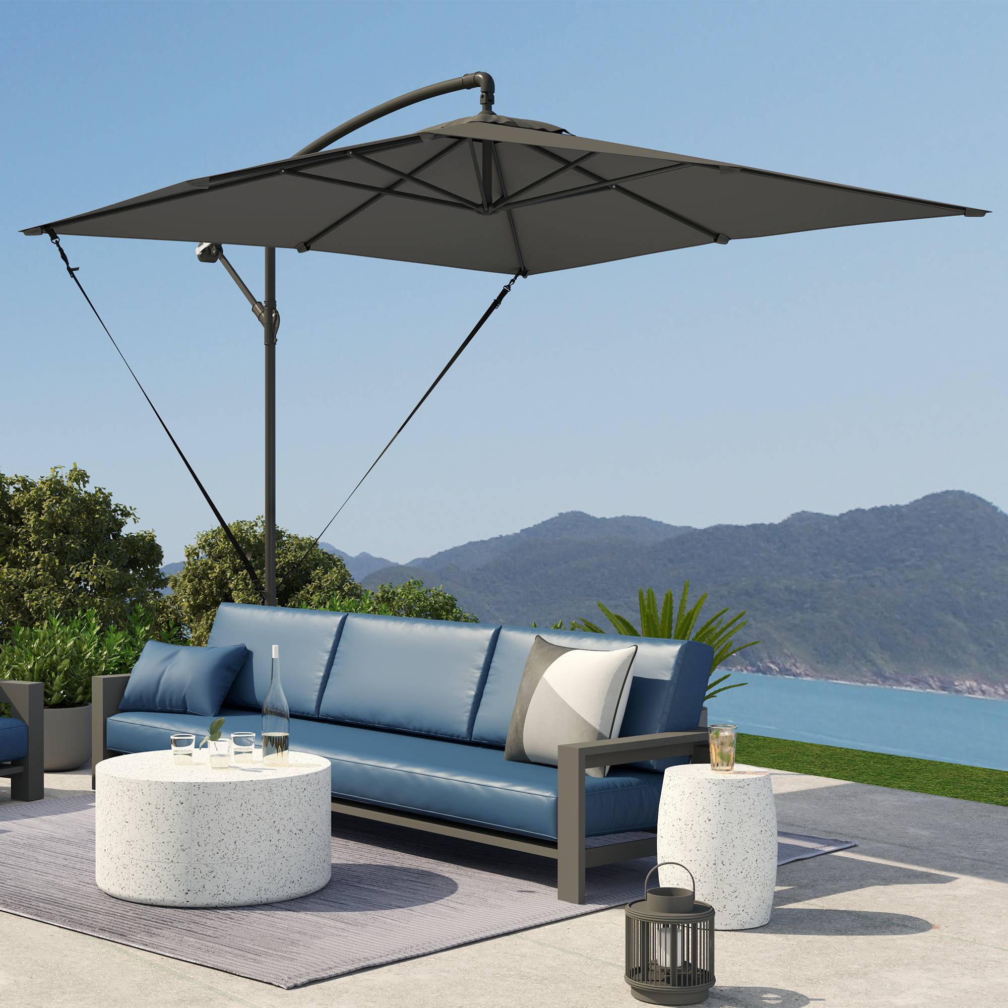 Parasol déporté réglable avec base en croix et manivelle, en acier et polyester, 247x247x256, gris foncé - Image 10