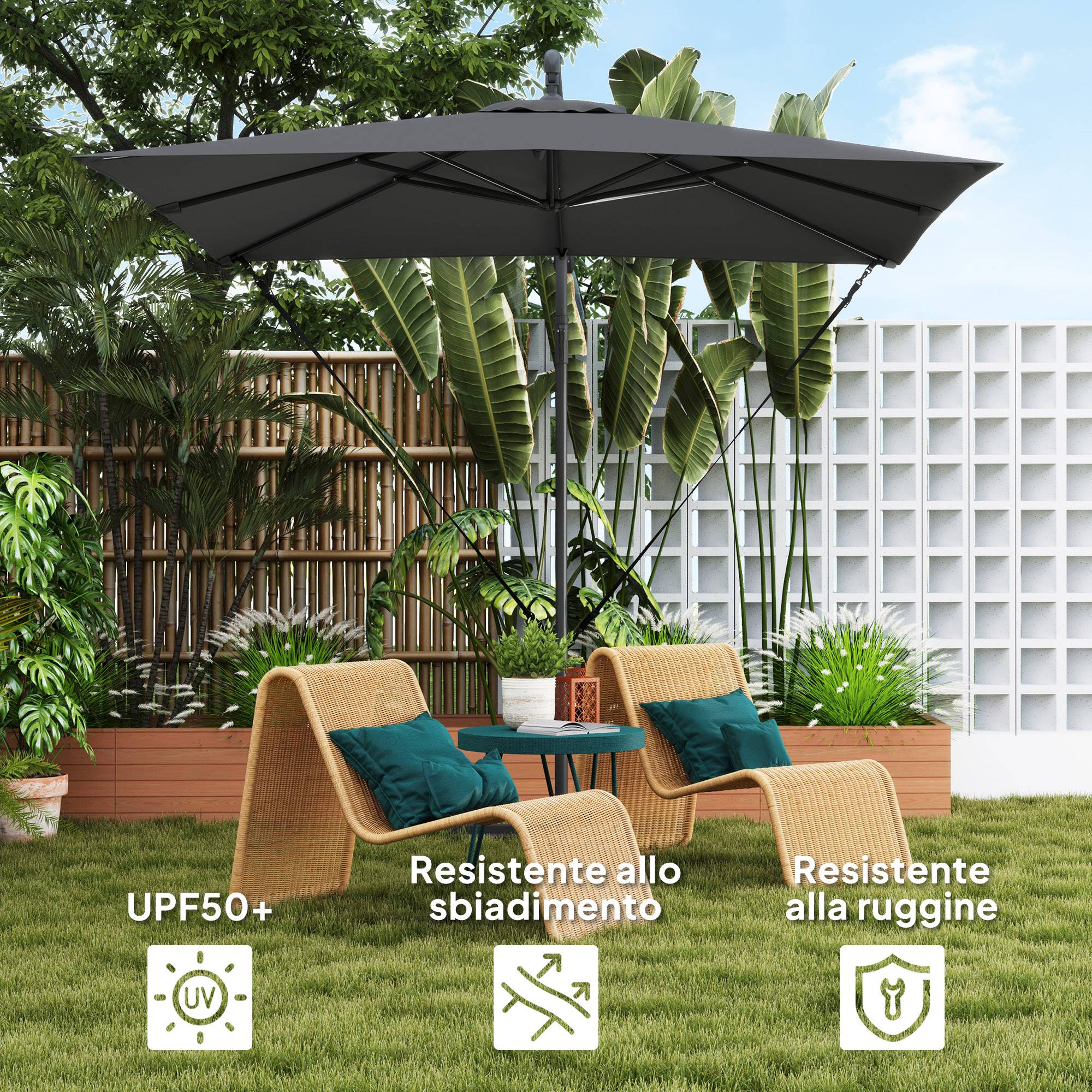 Parasol déporté réglable avec base en croix et manivelle, en acier et polyester, 247x247x256, gris foncé - Image 7