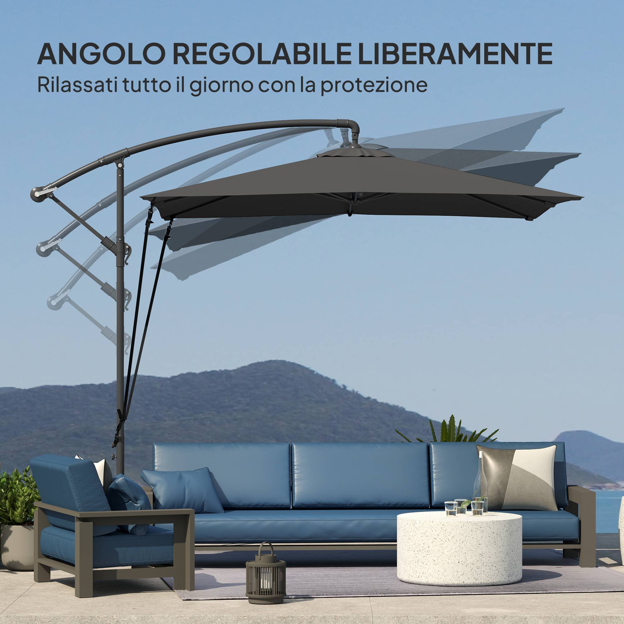 Parasol déporté réglable avec base en croix et manivelle, en acier et polyester, 247x247x256, gris foncé - Image 8
