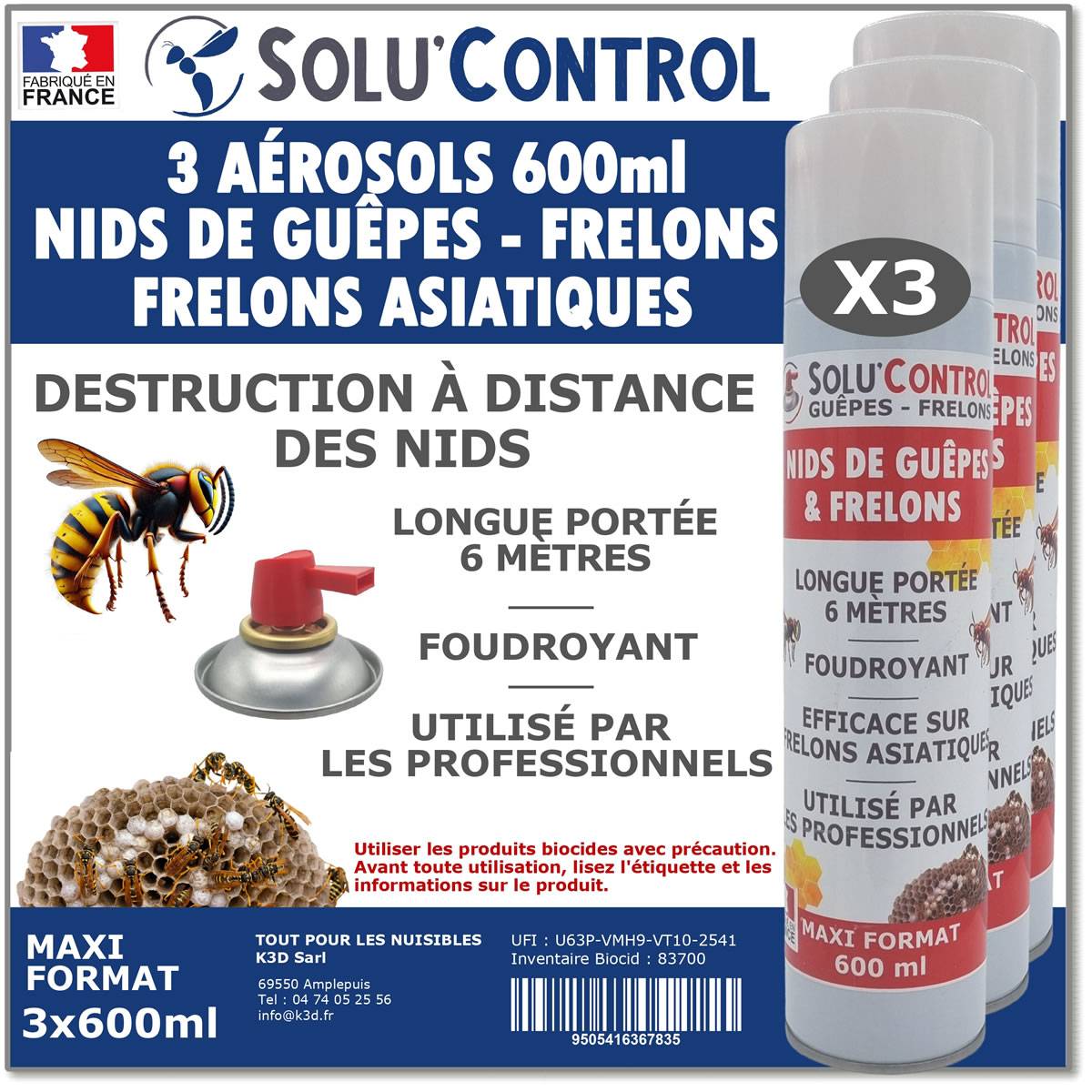 Tout pour les nuisibles - 3 Bombes 600ml pour Guêpes, Frelons, Frelons Asiatiques - Destruction des nids - Longue portée 6m - Image 1