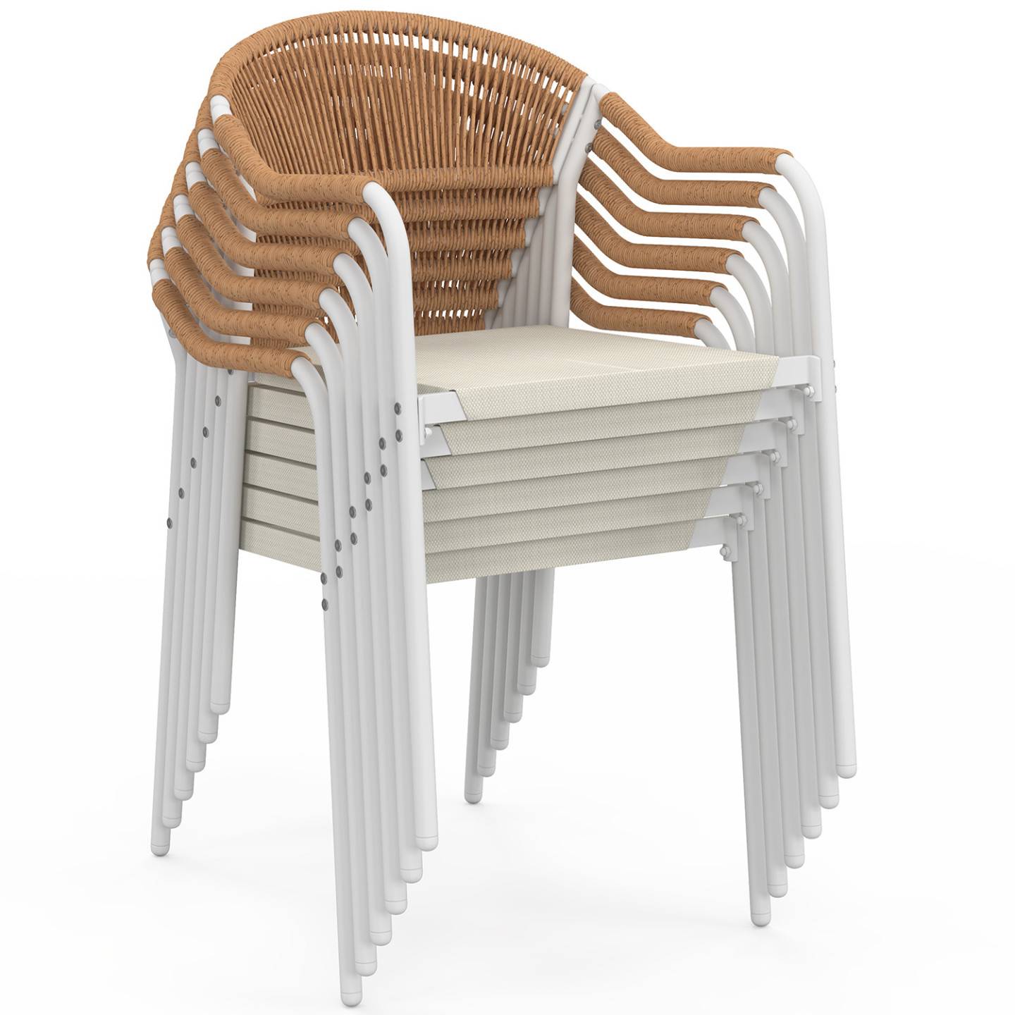 Lot de 6 chaises de jardin MADEIRA métal blanc cordage et textilène beige et rotin clair - Image 4