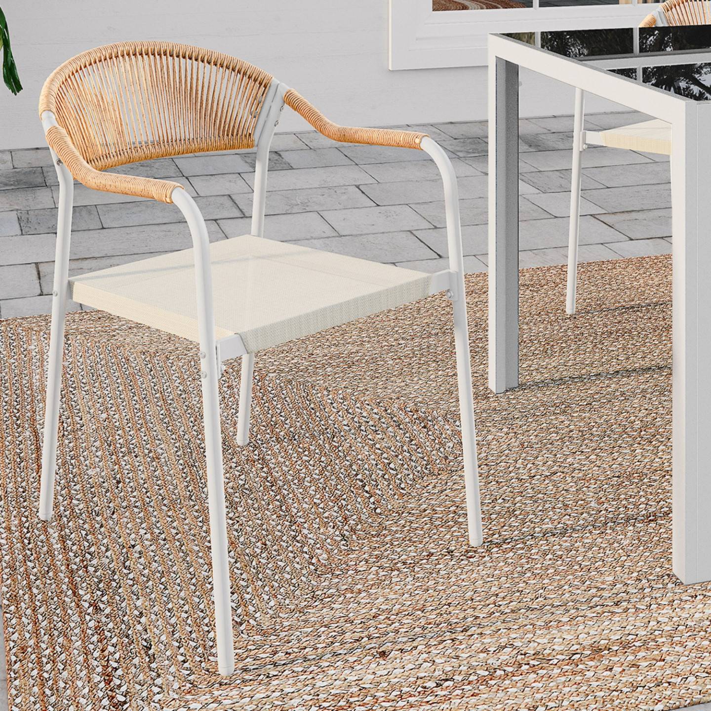 Lot de 6 chaises de jardin MADEIRA métal blanc cordage et textilène beige et rotin clair - Image 1