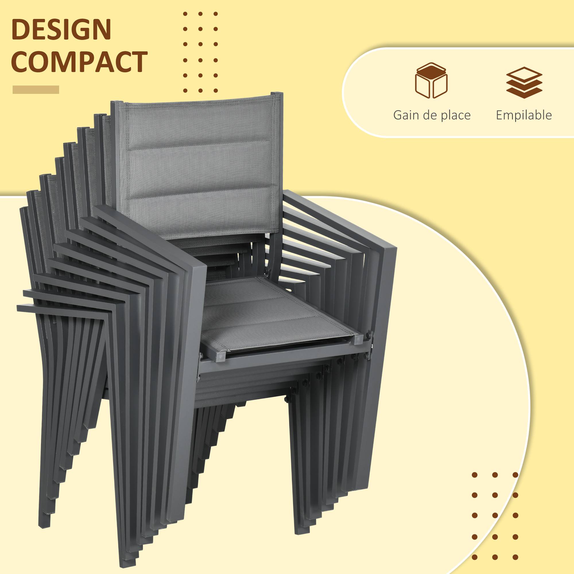 Outsunny - Ensemble de jardin 8 personnes chaises empilables table extensible 135/270L cm alu. textilène gris - Outsunny - Imagen 6