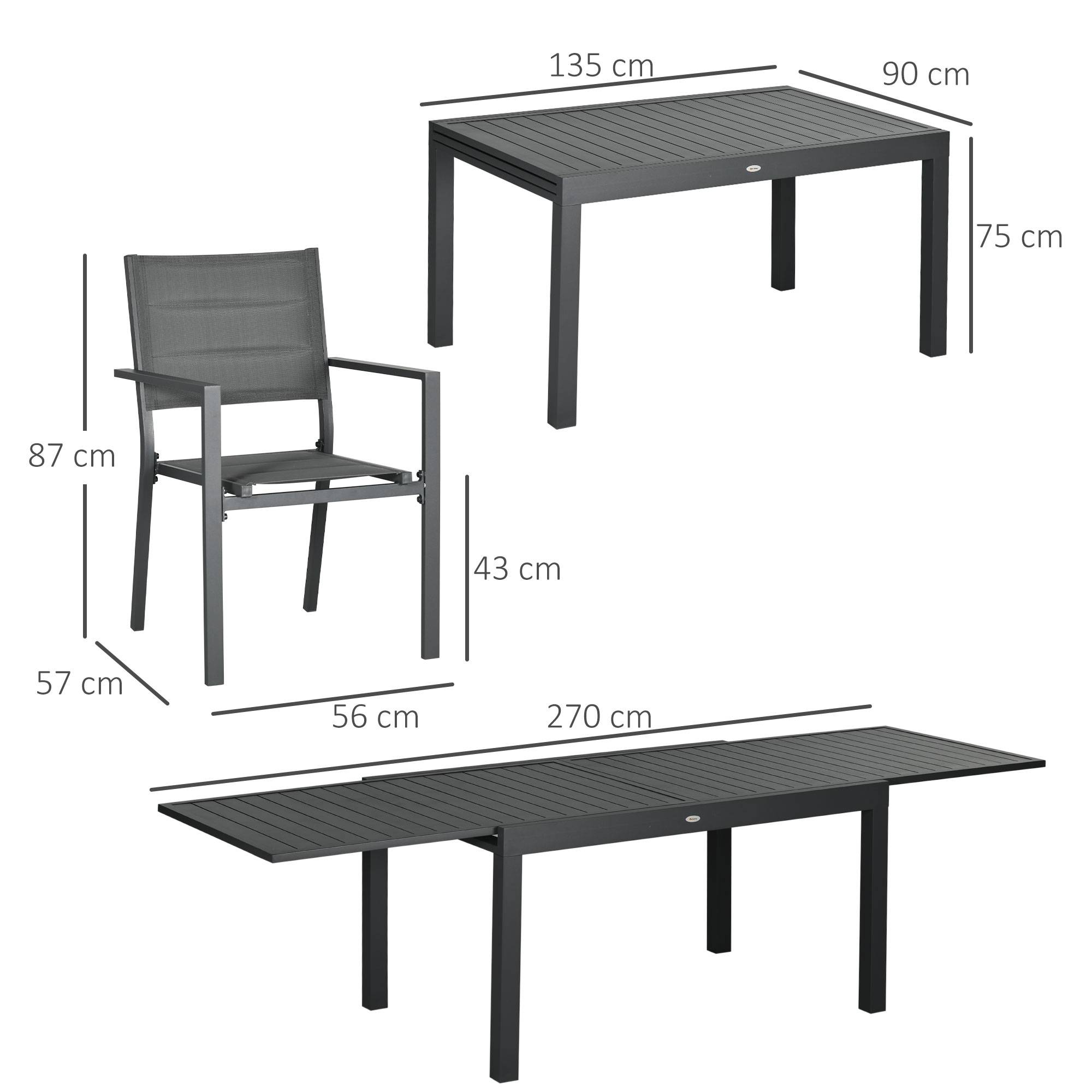 Outsunny - Ensemble de jardin 8 personnes chaises empilables table extensible 135/270L cm alu. textilène gris - Outsunny - Imagen 3