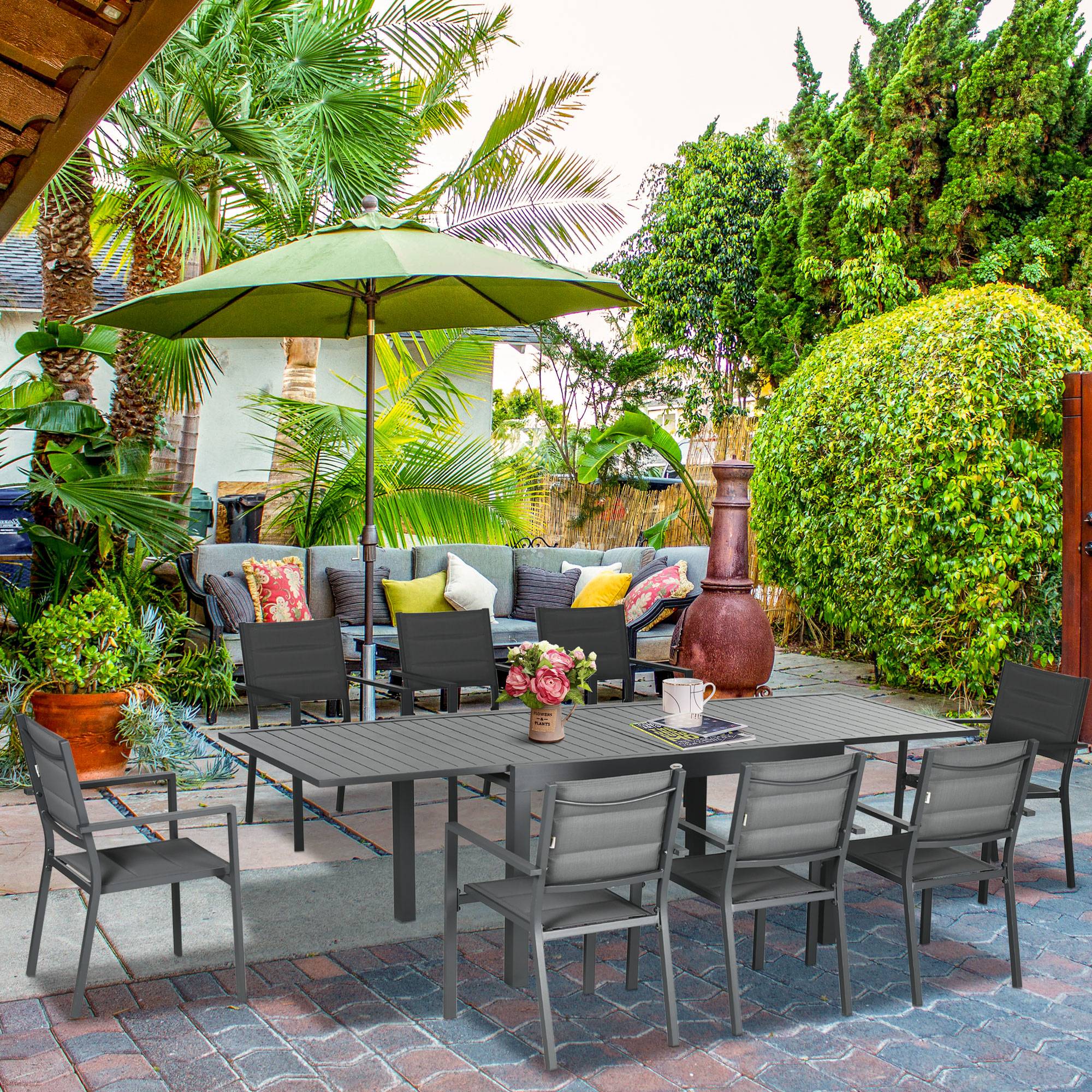 Outsunny - Ensemble de jardin 8 personnes chaises empilables table extensible 135/270L cm alu. textilène gris - Outsunny - Imagen 2