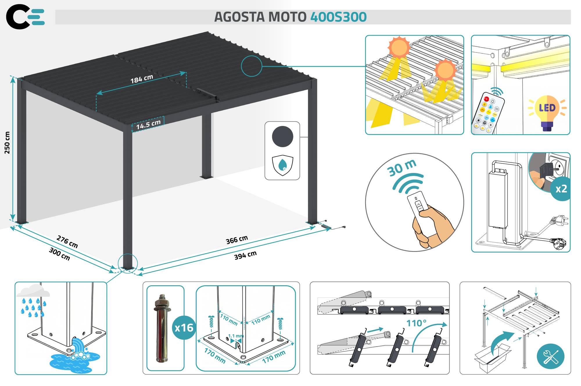 Cazeboo Pergola bioclimatique motorisée 4x3 m autoportée à LED AGOSTA hauteur 250  cm - Aluminium gris - Image 5