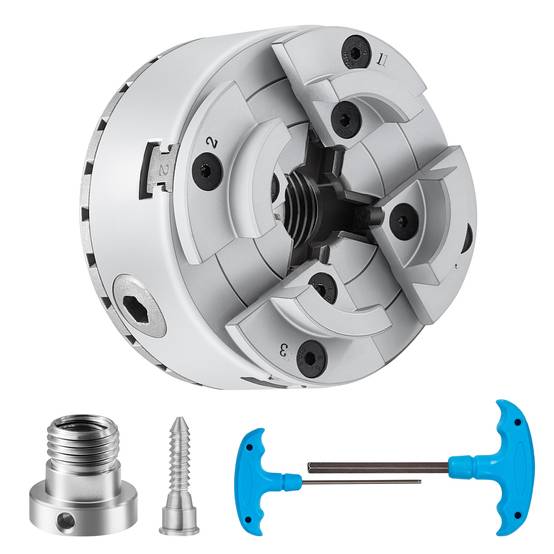 VEVOR Mandrin tour bois 96 mm, 4 mâchoires KP96, centrage auto. Clé T, accessoires, usinage précision. - Image 1