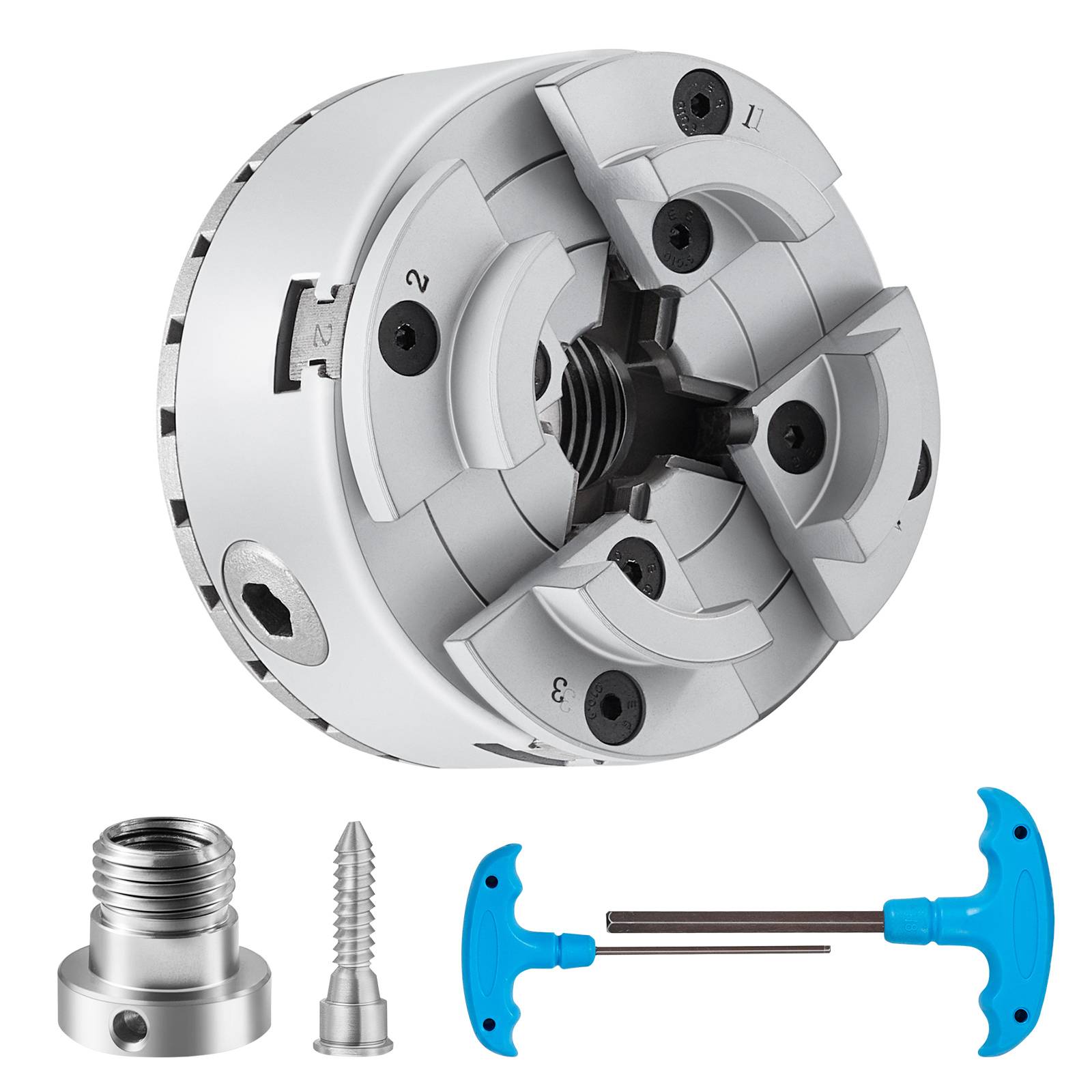 VEVOR Mandrin tour bois 96 mm, 4 mâchoires KP96, centrage auto. Clé T, accessoires, usinage précision. - Image 1