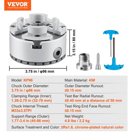 VEVOR Mandrin tour bois 96 mm, 4 mâchoires KP96, centrage auto. Clé T, accessoires, usinage précision. - Image 7
