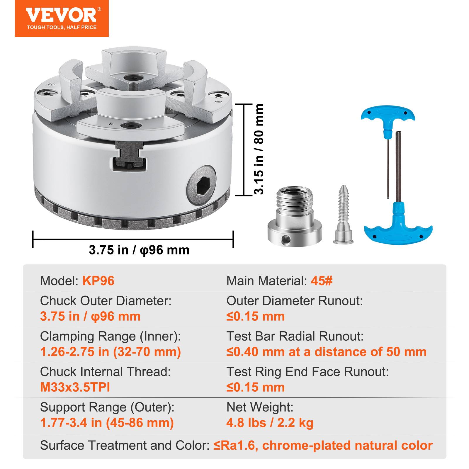 VEVOR Mandrin tour bois 96 mm, 4 mâchoires KP96, centrage auto. Clé T, accessoires, usinage précision. - Image 7
