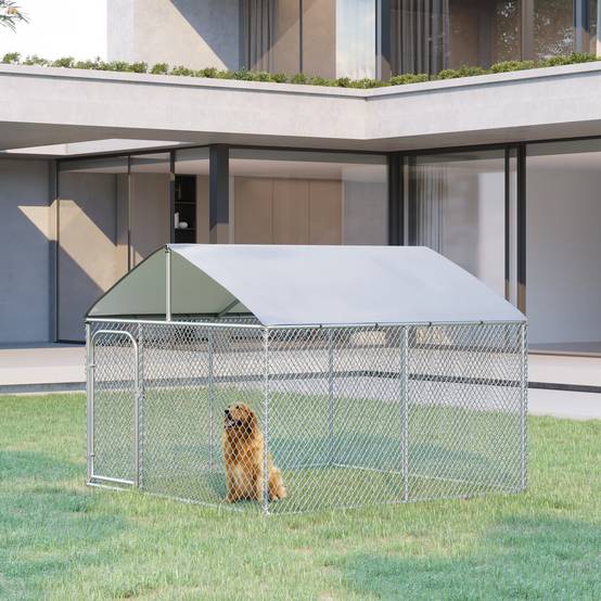 Chenil extérieur acier galvanisé pour chien avec toit sécurisé 230x230x175cm argent - ComfortXL Outdoor Living - Image 4