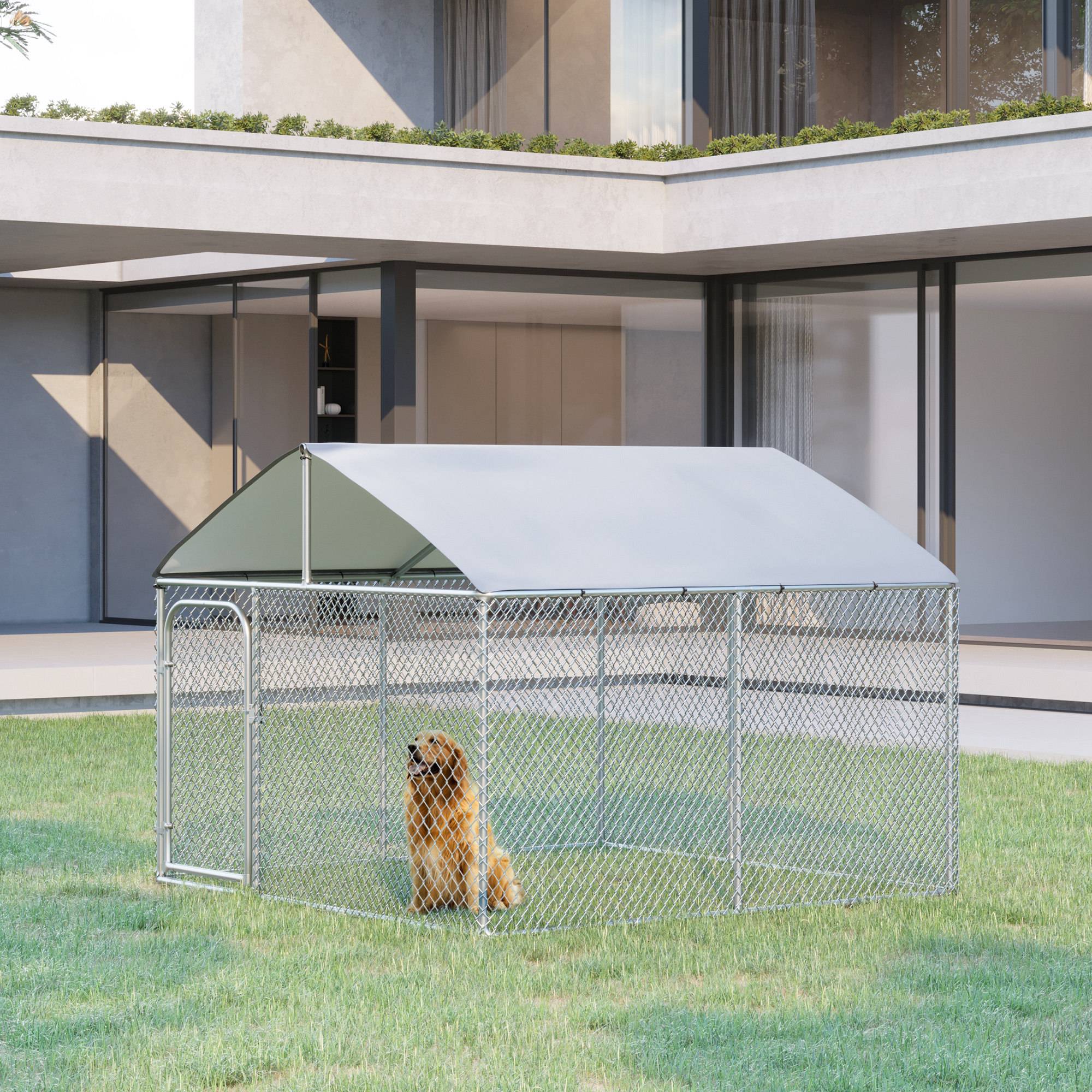 Chenil extérieur acier galvanisé pour chien avec toit sécurisé 230x230x175cm argent - ComfortXL Outdoor Living - Image 4