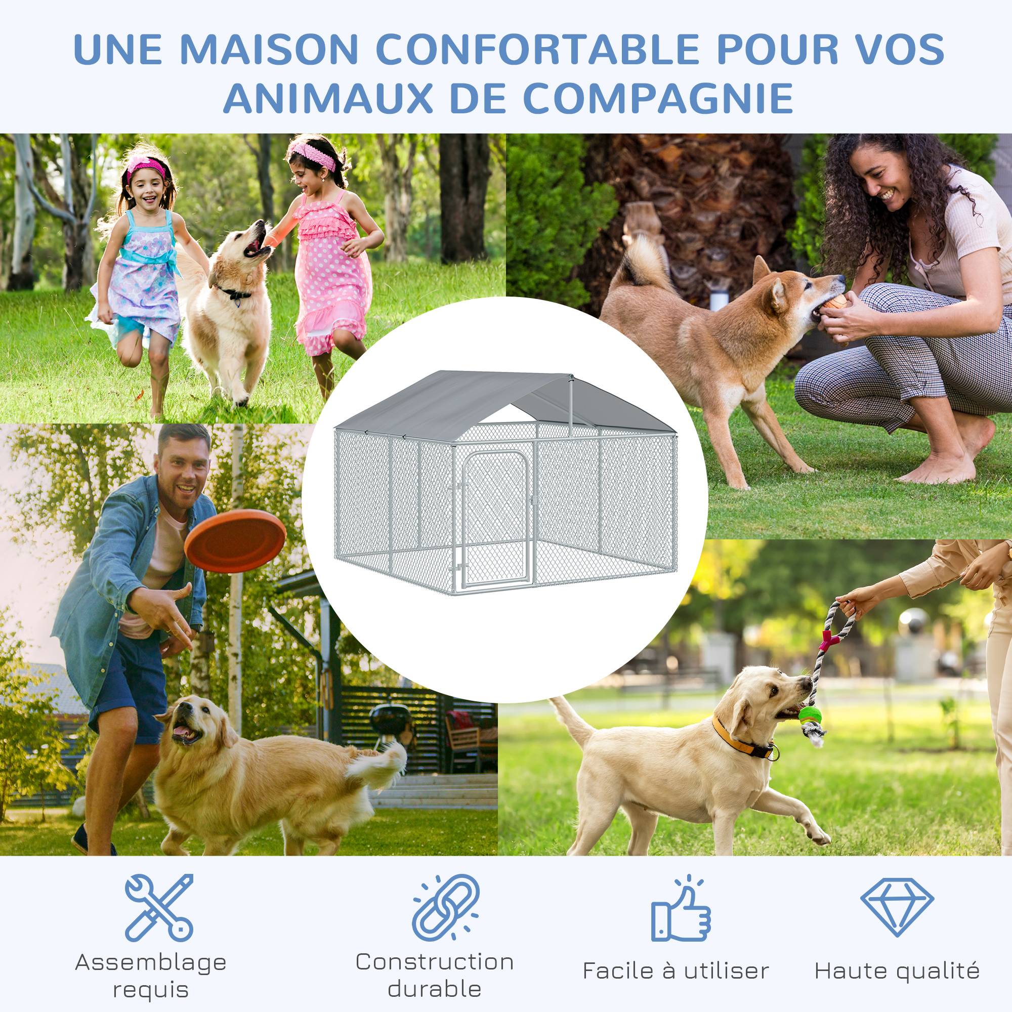 Chenil extérieur acier galvanisé pour chien avec toit sécurisé 230x230x175cm argent - ComfortXL Outdoor Living - Image 9