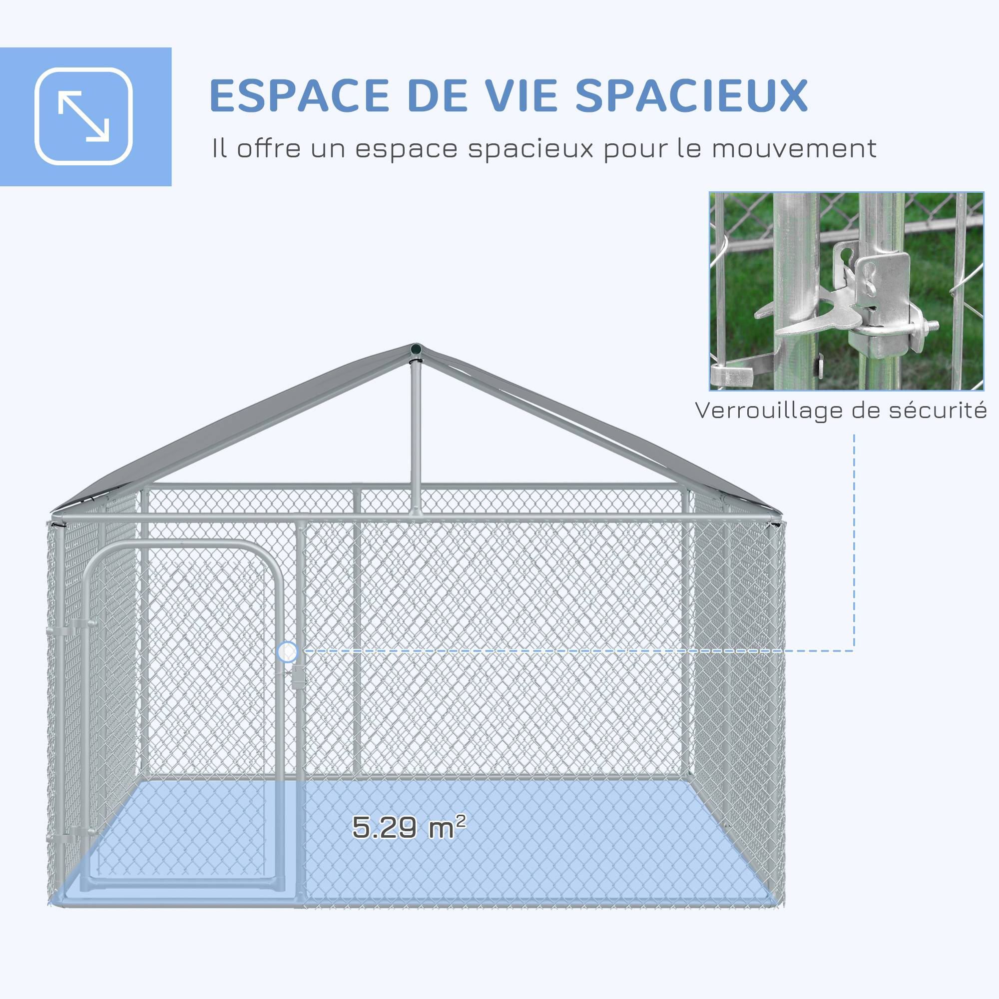 Chenil extérieur acier galvanisé pour chien avec toit sécurisé 230x230x175cm argent - ComfortXL Outdoor Living - Image 6