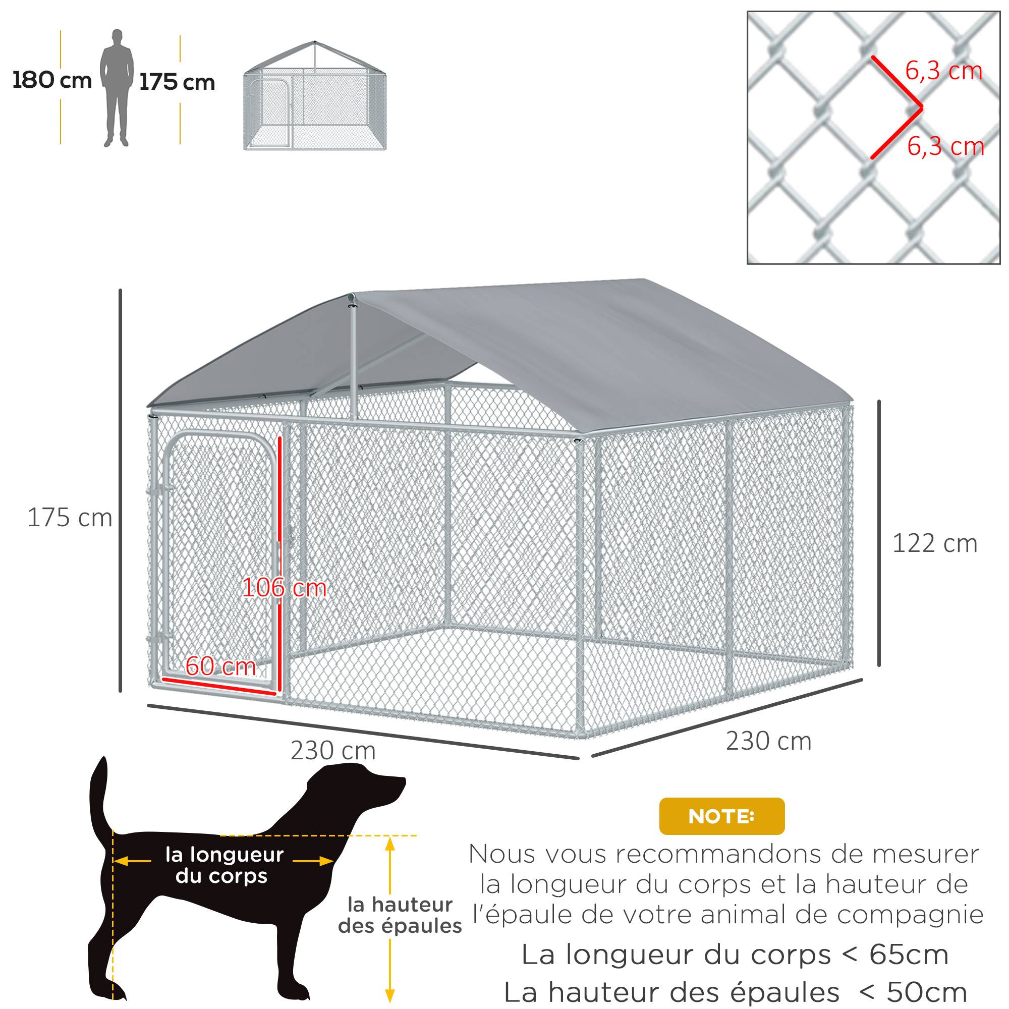 Chenil extérieur acier galvanisé pour chien avec toit sécurisé 230x230x175cm argent - ComfortXL Outdoor Living - Image 5