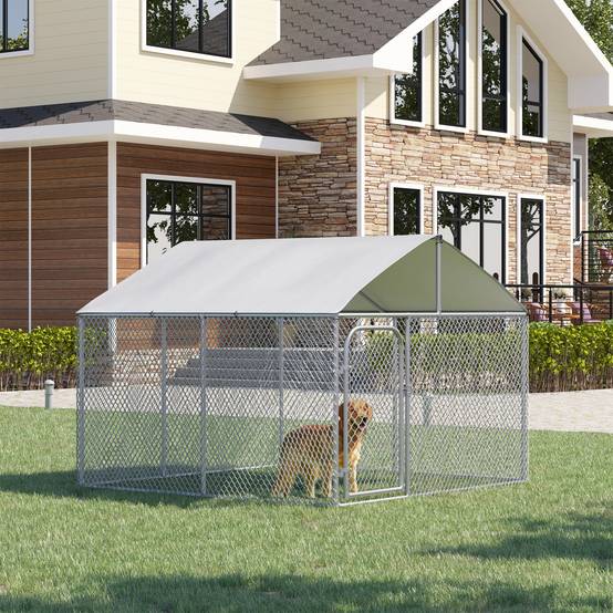 Chenil extérieur acier galvanisé pour chien avec toit sécurisé 230x230x175cm argent - ComfortXL Outdoor Living - Image 3