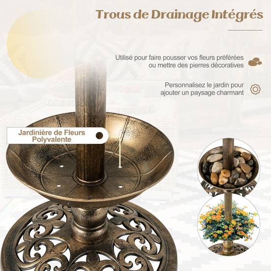 Bain d'Oiseaux Énergie Solaire Décoration d'Extérieur sur Pied Rétro Éclairé avec 2 Lampes Mangeoire Abreuvoir Bronze - Image 10