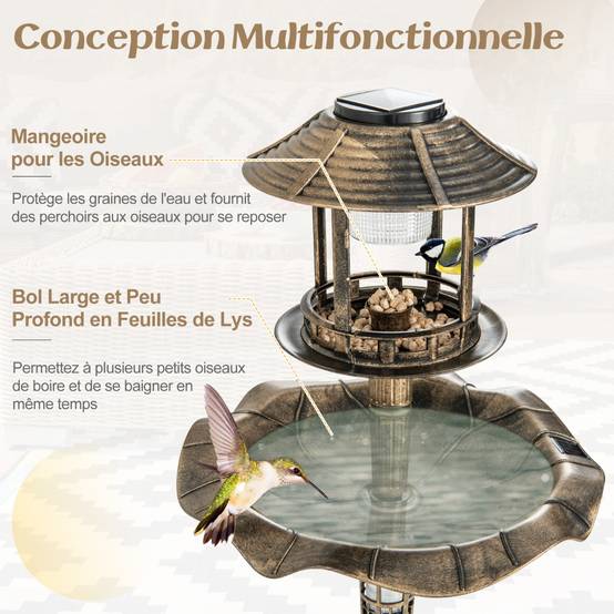 Bain d'Oiseaux Énergie Solaire Décoration d'Extérieur sur Pied Rétro Éclairé avec 2 Lampes Mangeoire Abreuvoir Bronze - Image 9