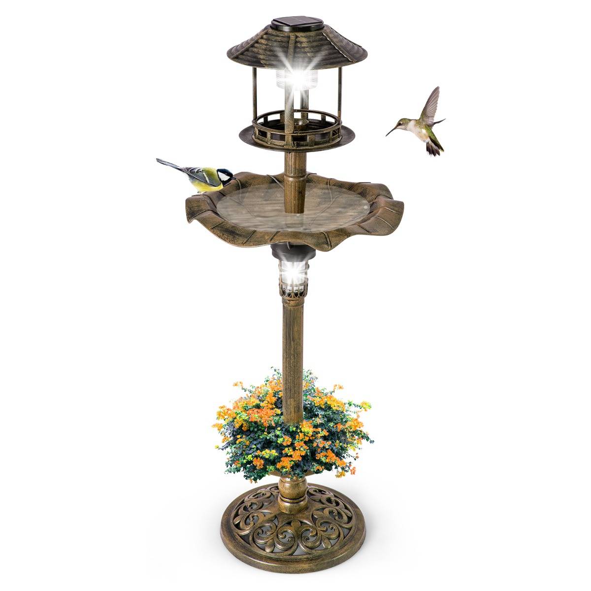 Bain d'Oiseaux Énergie Solaire Décoration d'Extérieur sur Pied Rétro Éclairé avec 2 Lampes Mangeoire Abreuvoir Bronze - Image 2