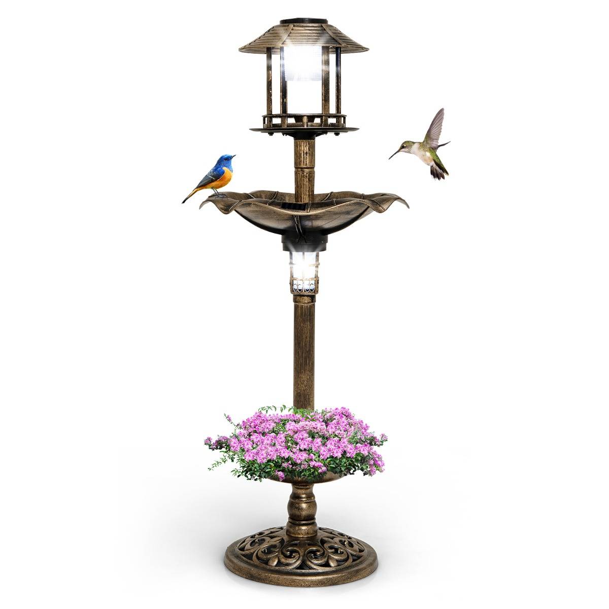 Bain d'Oiseaux Énergie Solaire Décoration d'Extérieur sur Pied Rétro Éclairé avec 2 Lampes Mangeoire Abreuvoir Bronze - Image 1