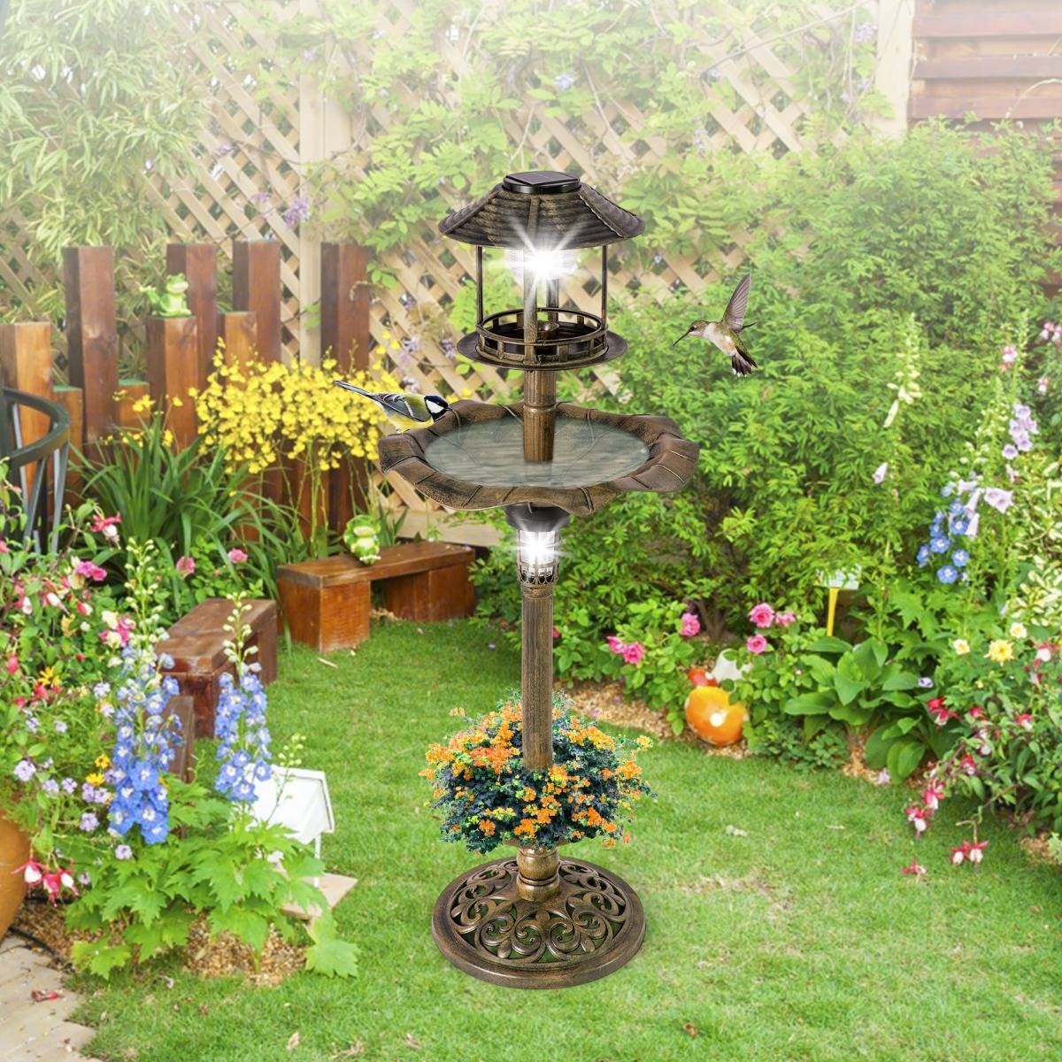 Bain d'Oiseaux Énergie Solaire Décoration d'Extérieur sur Pied Rétro Éclairé avec 2 Lampes Mangeoire Abreuvoir Bronze - Image 4