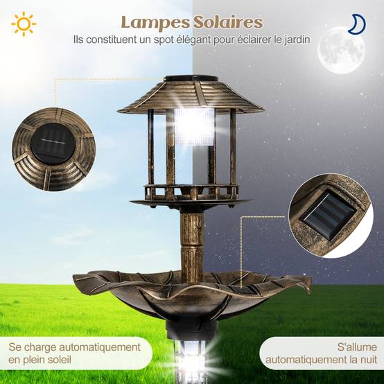 Bain d'Oiseaux Énergie Solaire Décoration d'Extérieur sur Pied Rétro Éclairé avec 2 Lampes Mangeoire Abreuvoir Bronze - Image 7