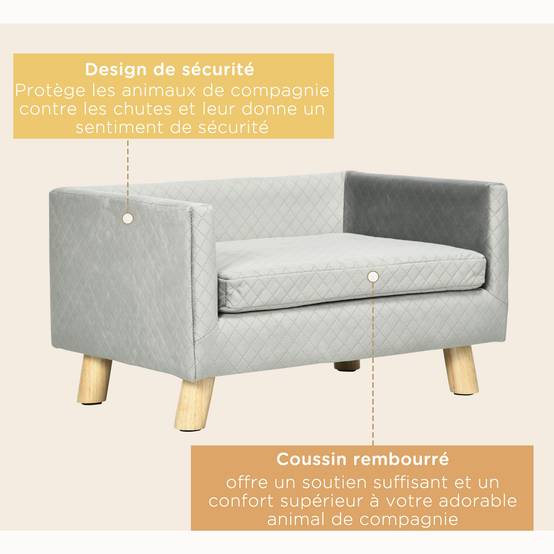 Canapé chien lit pour chien design scandinave coussin moelleux pieds bois massif dim. 64 x 45 x 36 cm velours gris - Image 8