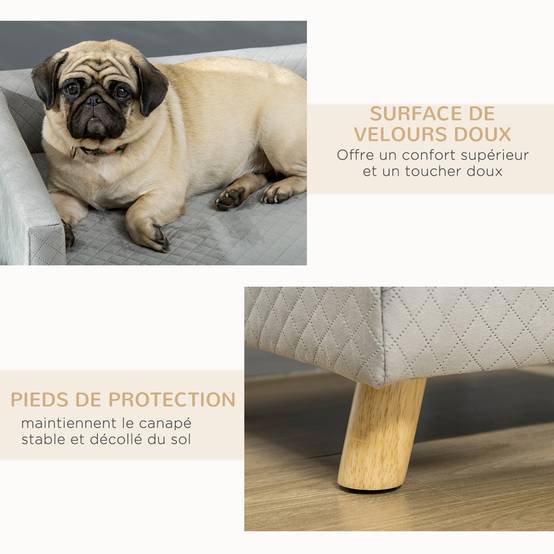Canapé chien lit pour chien design scandinave coussin moelleux pieds bois massif dim. 64 x 45 x 36 cm velours gris - Image 7