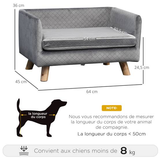 Canapé chien lit pour chien design scandinave coussin moelleux pieds bois massif dim. 64 x 45 x 36 cm velours gris - Image 5