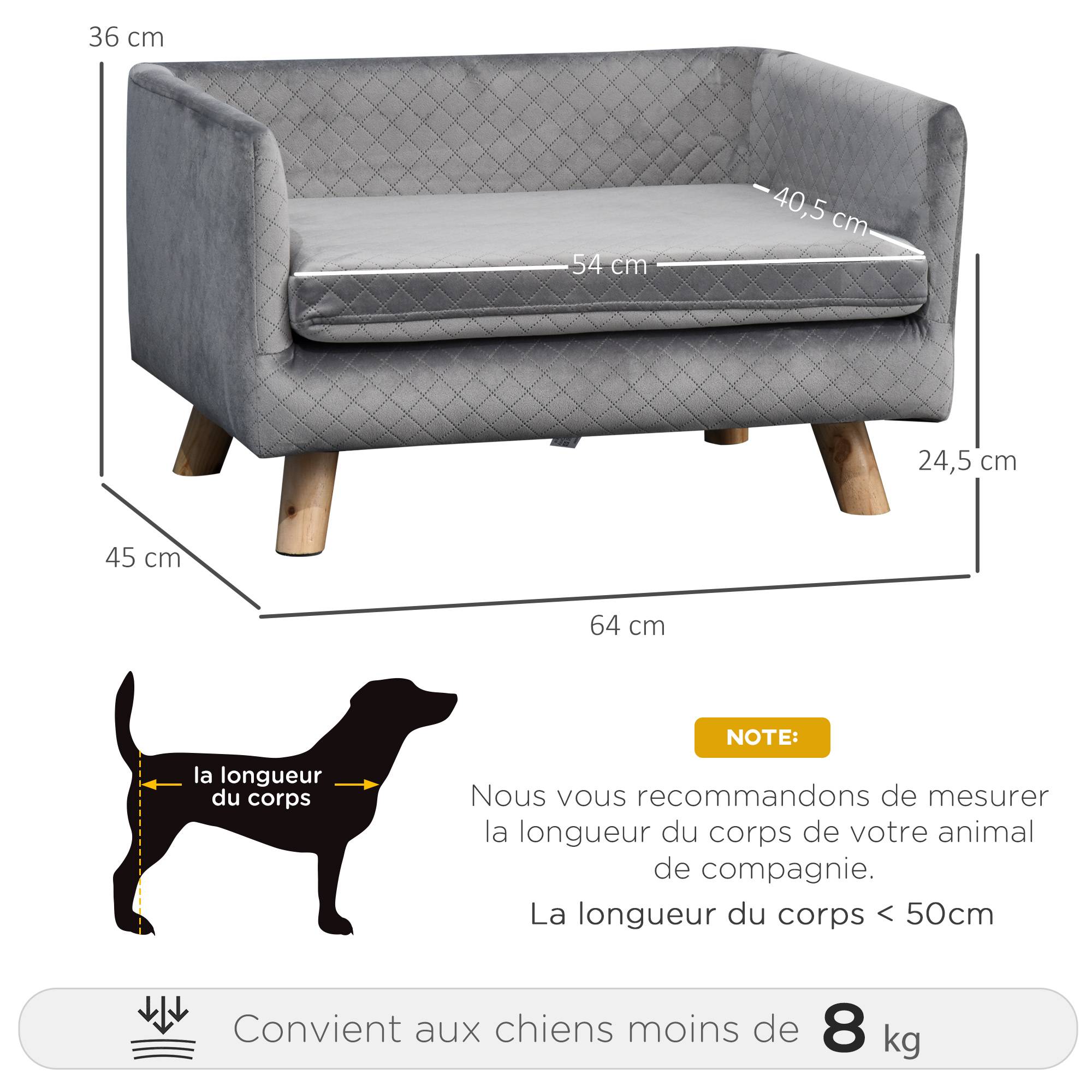 Canapé chien lit pour chien design scandinave coussin moelleux pieds bois massif dim. 64 x 45 x 36 cm velours gris - Image 5