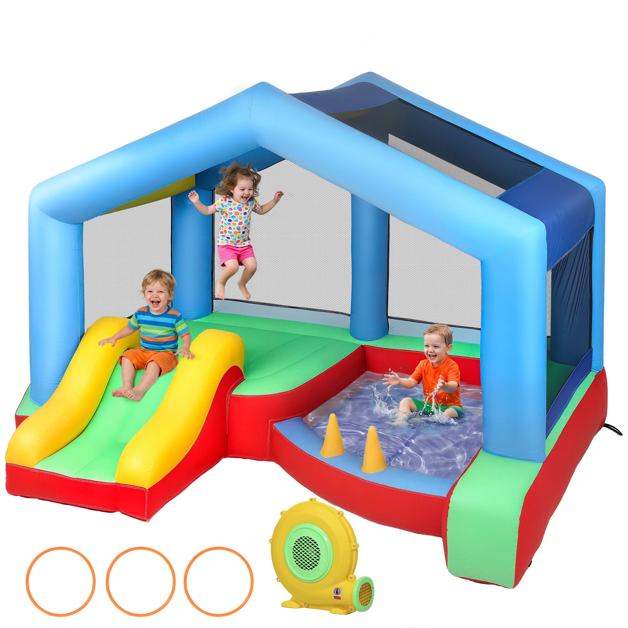 Château gonflable pour enfants avec souffleur, toboggan, trampoline, piscine à balles, jeu de cerceaux et auvent - Image 1